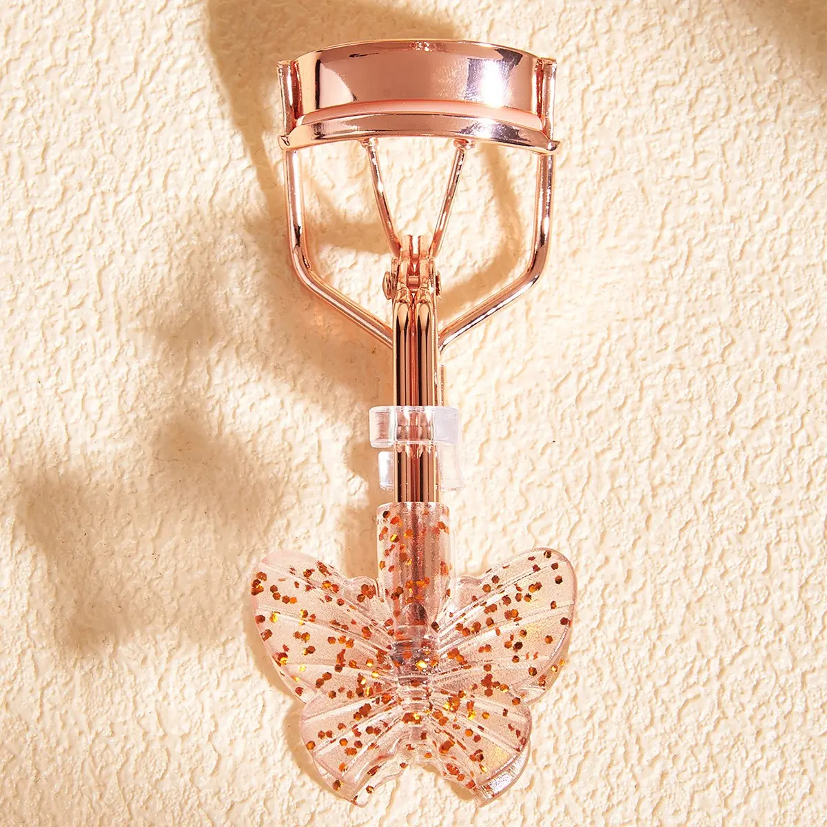Butterfly Glitter Handle Rose Gold Eyelash Clip, Easy Lash Curler, Makeup Essential, Home Travel Gift, Bedroom Vanity Accessory
