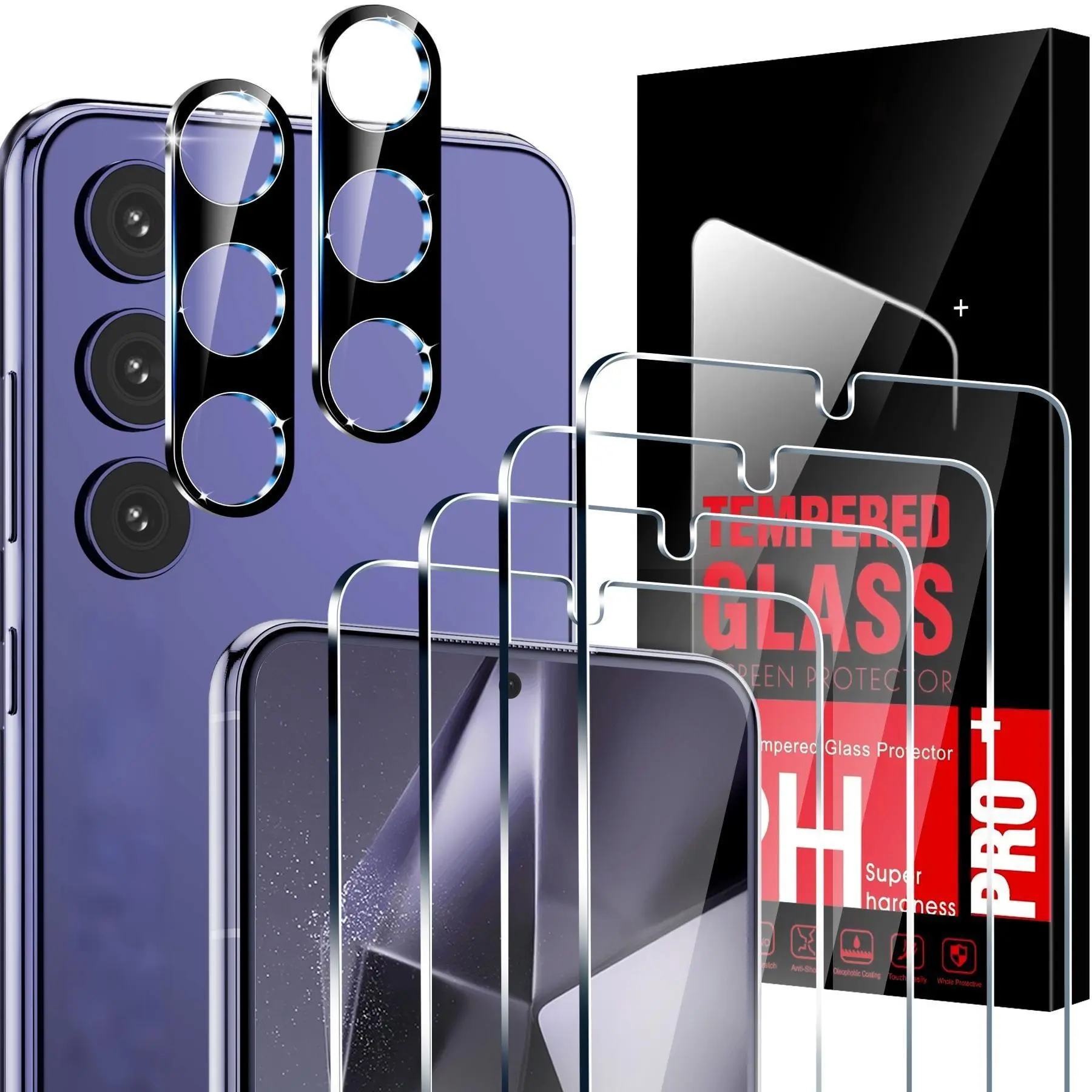 9H Scratch-Resistant Tempered Glass Film Set (4+2 Pcs) for Galaxy S24 Plus Smartphone, Handheld Cellphone Devices Protective Phone Accessory with Fingerprint-Friendly, Transparent, Easy Installation Features