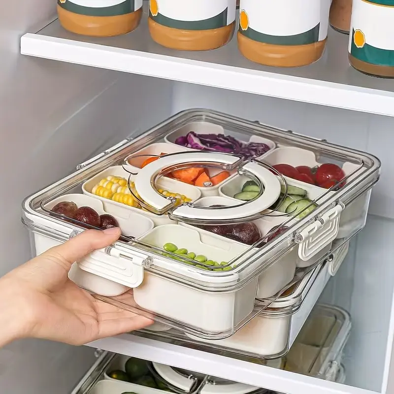 8-Compartment Clear Snack Container with Lid & Handle, Dishwasher/microwave Safe, Portable Multipurpose Food Organizer Tray for Lunch, Travel, Camping, Meal Prep, Christmas Gift