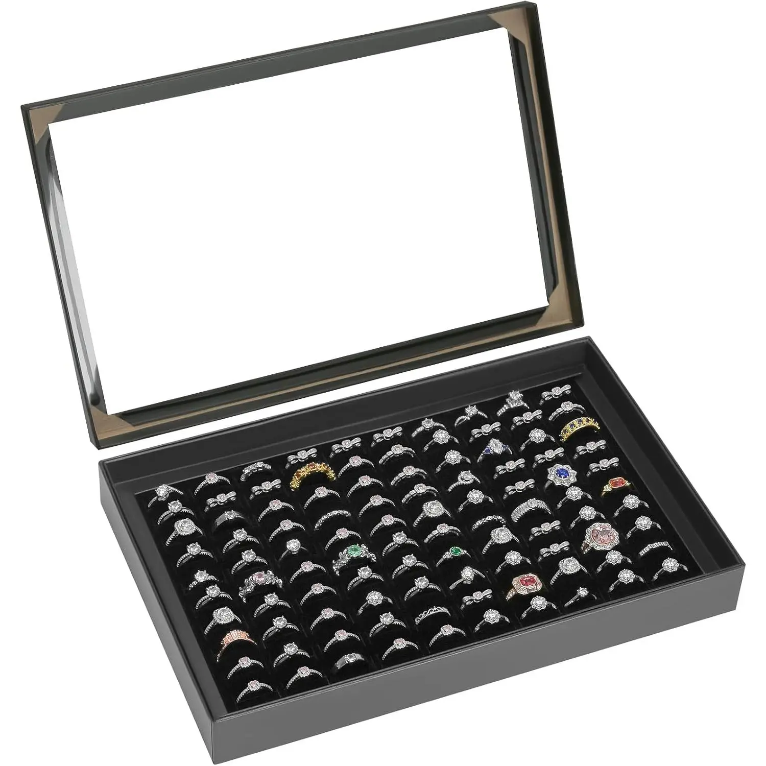 100 Slots Ring Earring Holder Display Case (Black) | , Clear Lid, Ring Earring Storage Organizer Box Tray, for Women and Selling Show