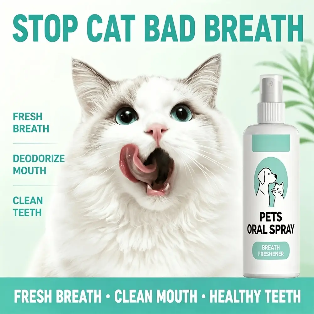 Pet Breath Odor and Tartar Removal Spray - Teeth whitening and oral care for small pets like cats and dogs. Instantly freshens breath, gently cares for gums, no brushing required, easy-to-use formula.