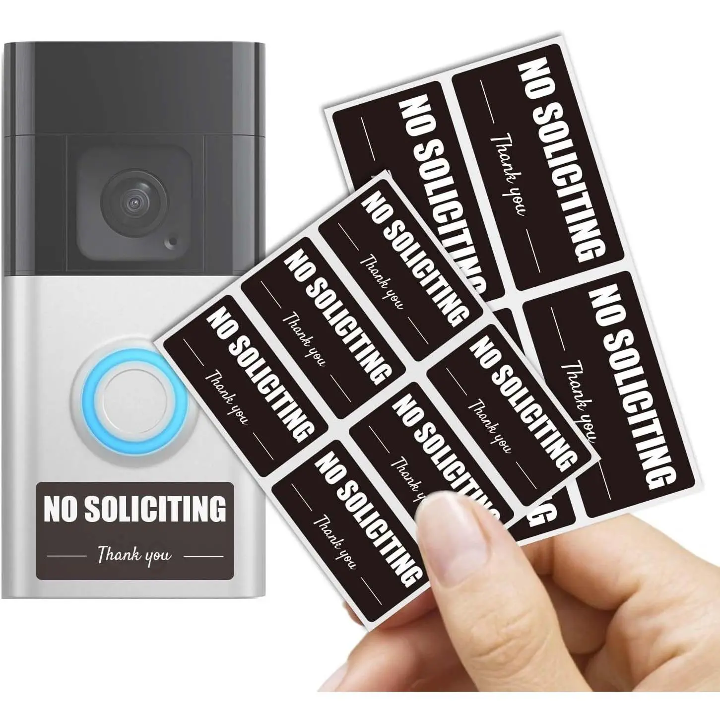 Small No Soliciting Sign for Front Door – Weatherproof No Soliciting Sticker for Ring Doorbell and Other Video Doorbells, 2 Compact Sizes (1.2"×0.6" & 1.6"×0.8")