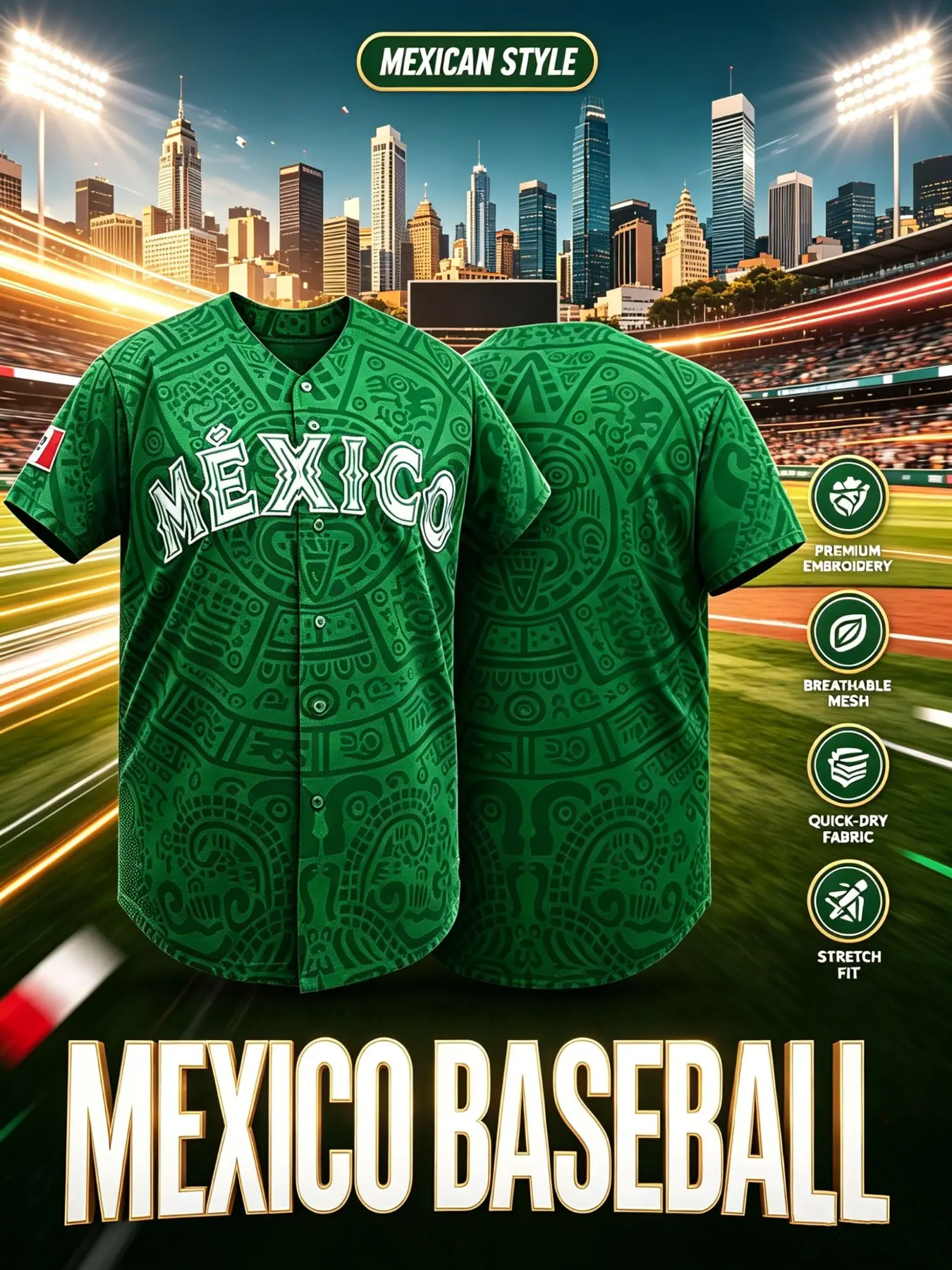 Men's Embroidered Baseball Jersey with 'MÉXICO' Embroidery, Retro Mexican Style Loose Button Sportswear, Suitable for Sports and Daily Cultural Wear