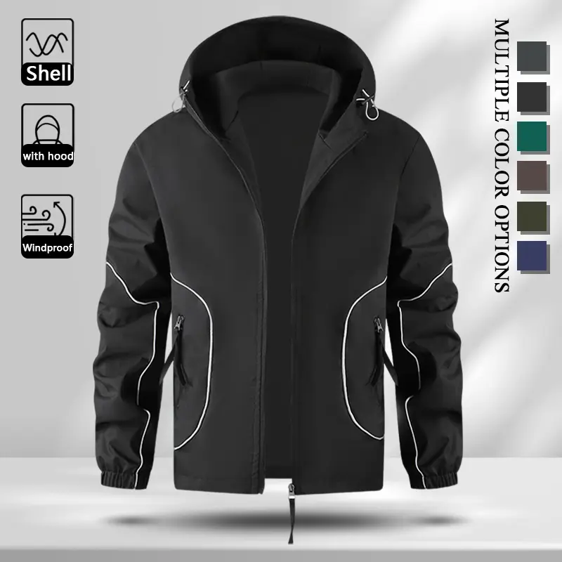 Fashion White Curved Piping Trim Men Windproof Durable Outer Jacket, Adjustable Drawstring Hood Full Zip Casual Daily Jacket with Zipper Side Pockets, Elastic Rib Cuffs Lightweight Street Sports Travel Jacket for Men, Timeless Multi Tone Design to Match V