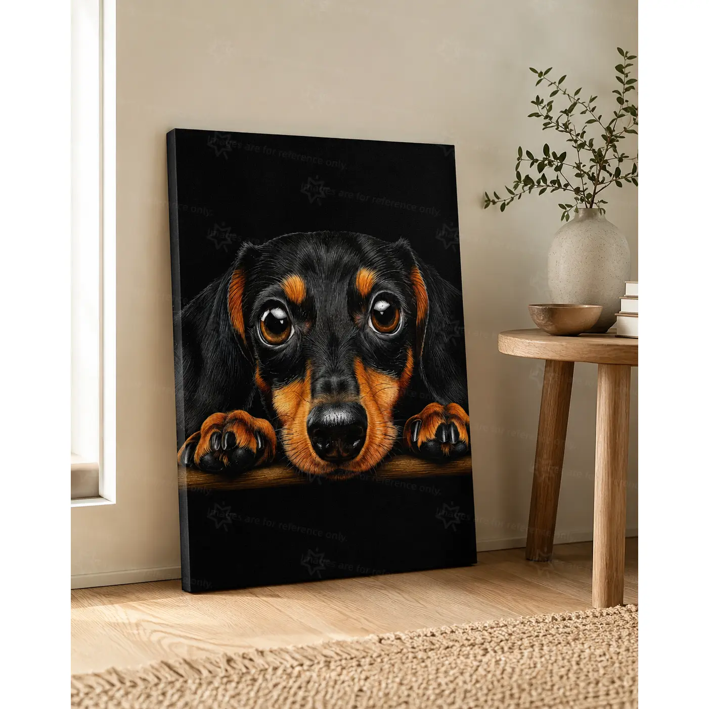 Realistic Dachshund Dog Portrait Wall Art Canvas Poster, Cute Pet Animal Decorative Poster Prints, Neutral Dark Background Wall Decor for Bedroom Living Room Farmhouse, Available as Unframed Canvas Poster or Framed Canvas Wrap
