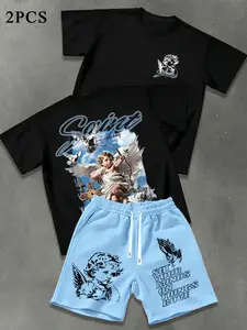 Men's Summer Angel Print 2-Piece Set, Round Neck Casual Short Sleeve Top + Loose Drawstring Shorts, Ideal for Outdoor Streetwear