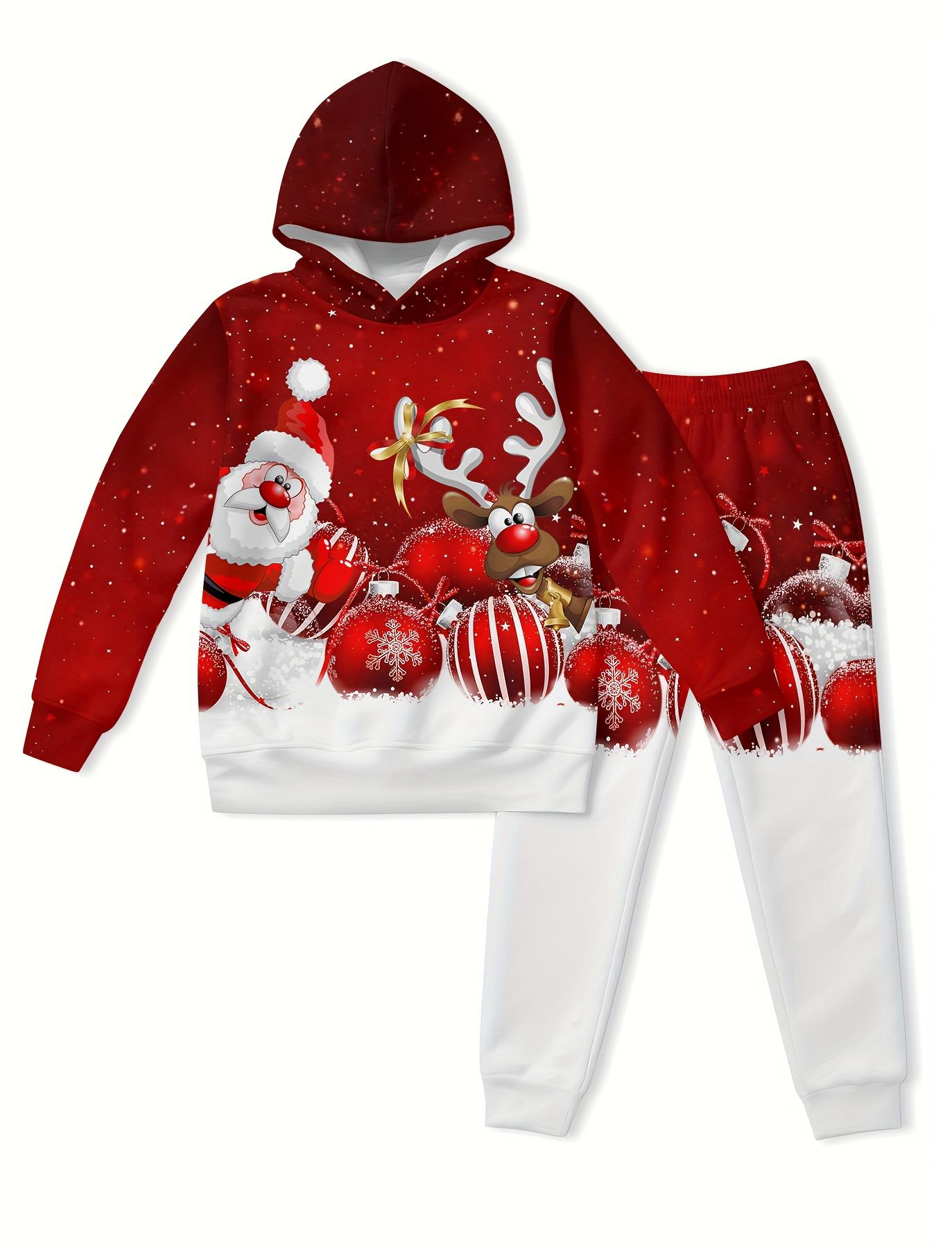 Latest Christmas Boy Hoodie Set, comfortable sports shirt and long pants set, Christmas theme, red and green festive design, featuring Santa Claus, gingerbread children and Christmas decorations, suitable for boys' holiday parties, Christmas clothing