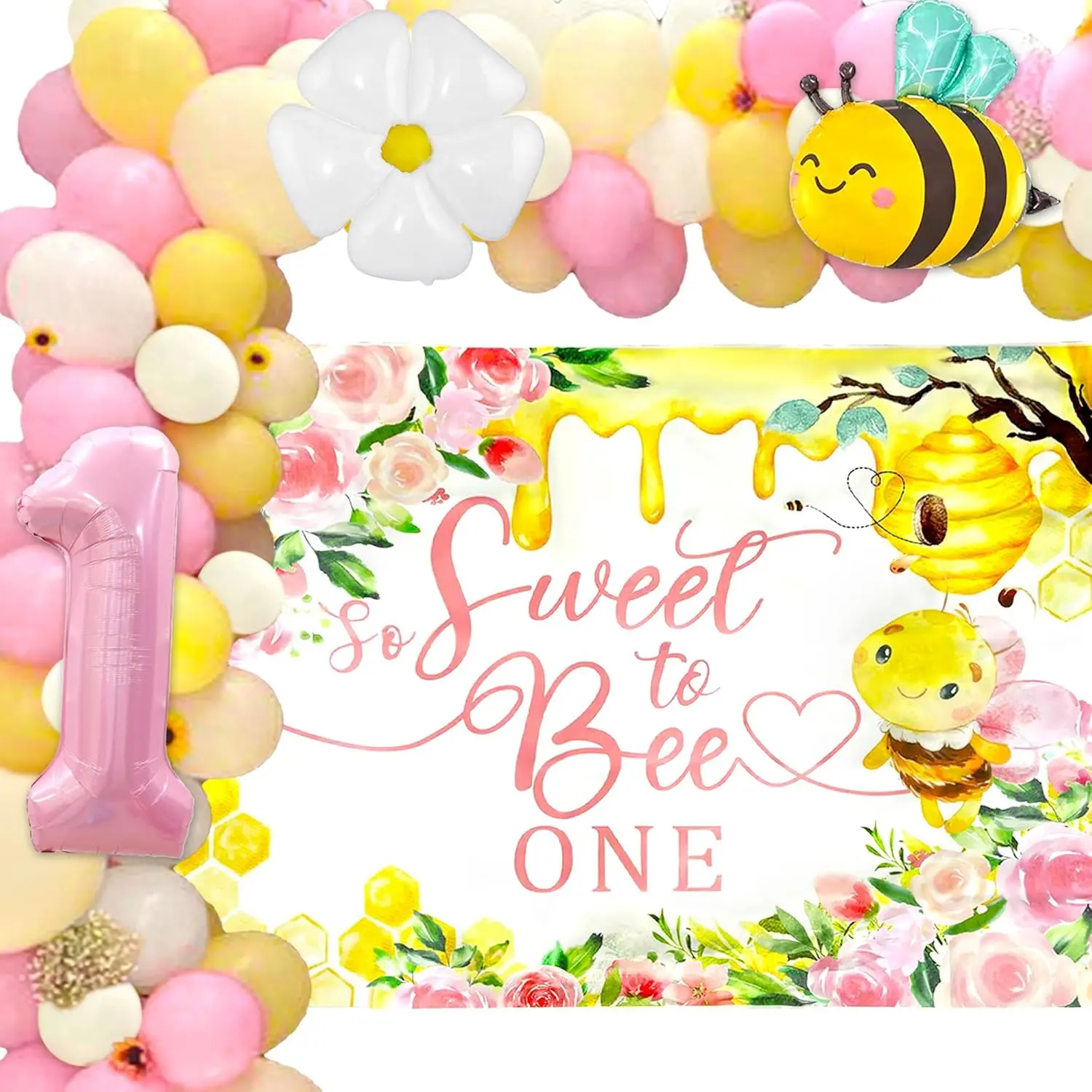 Pink Bumble Bee 1st Day Backdrop for Girls & Bee Lovers - Decorative Festive Party Supply with Balloon Decor, Solid Playful Banner, Baby Shower Ready, Hanging Loop (No Extra Tools Needed) (Birthday Backdrops & Banners Category)