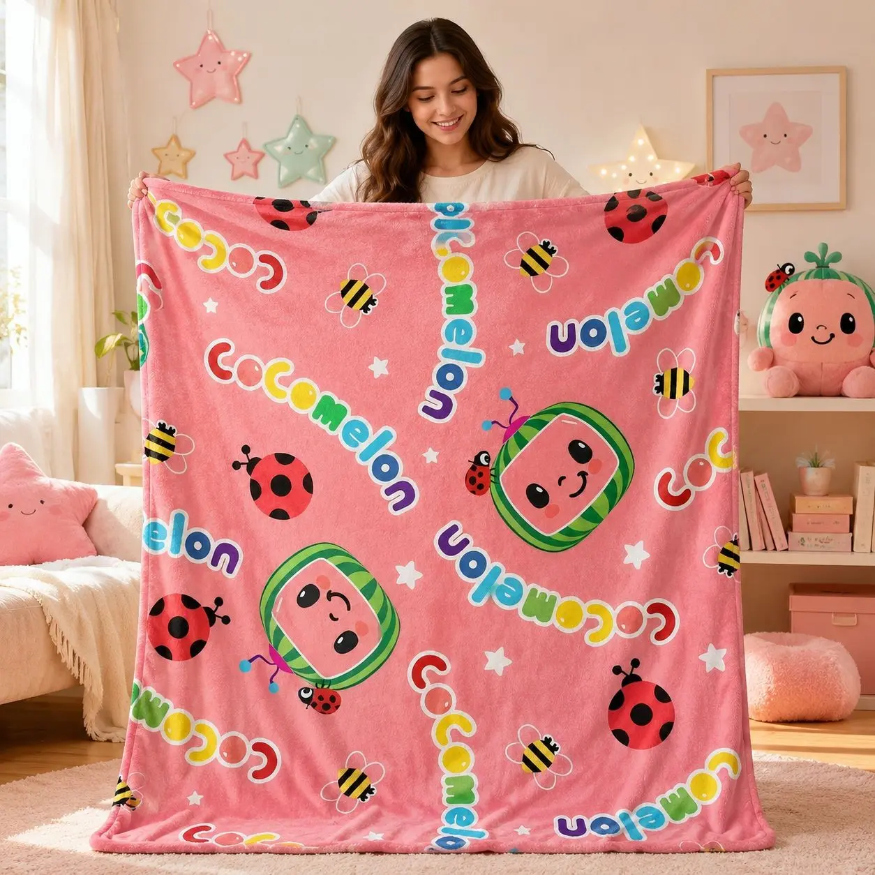 1pc CoComelon Cartoon All Over Print Fleece Blanket, Seamless Watermelon Ladybug Bee Kids Pattern, Cute Pink Toddler Cartoon Style. Soft Multi-use Throw for Sofa, Bed, Office, Camping, Ideal for Toddler Cartoon Gifts.