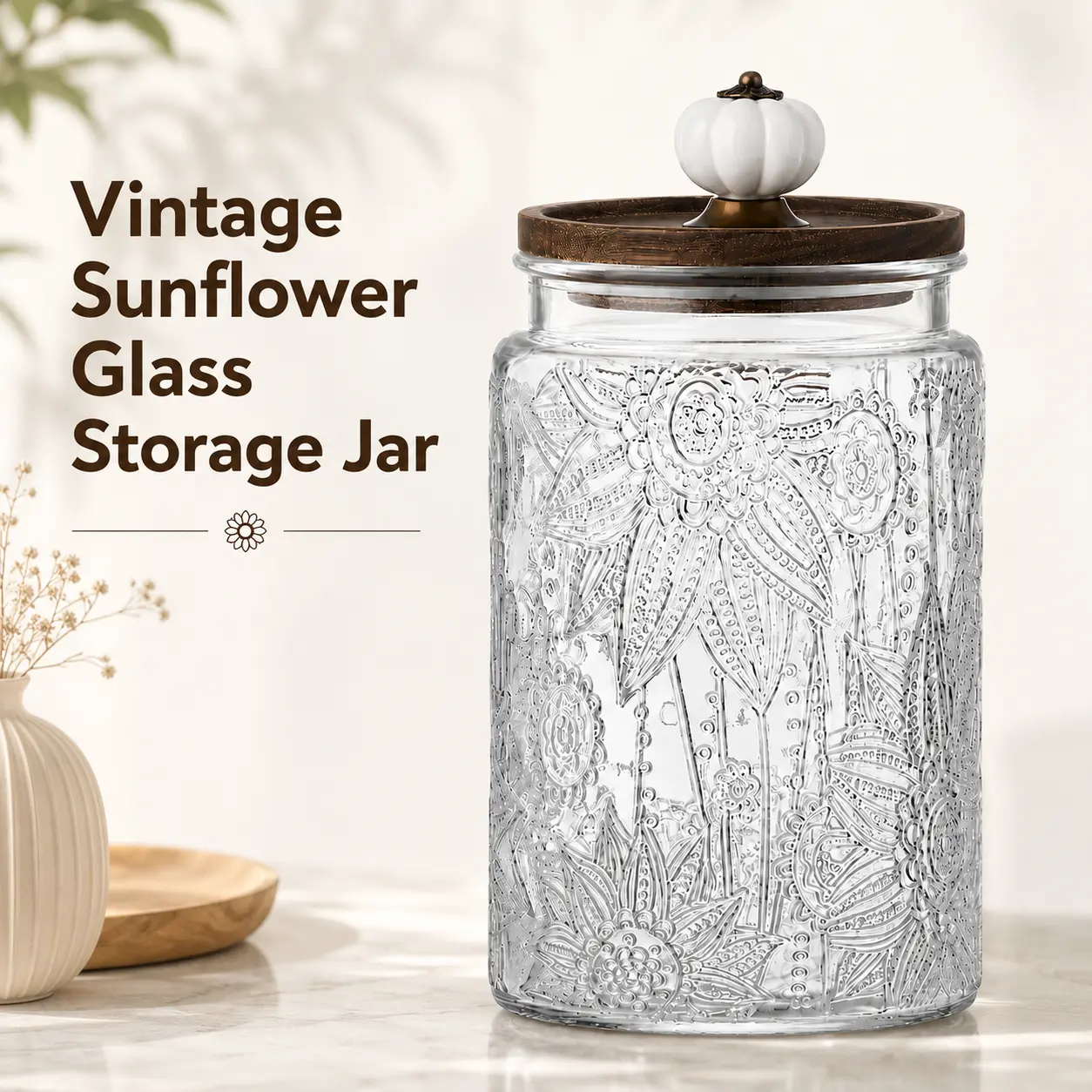 ONESHOW HOME  Vintage Embossed Glass Food Storage Jar with Pumpkin Knob Lid, Airtight Coffee Canister for Tea, Sugar, Cookies & Candy homeessentials