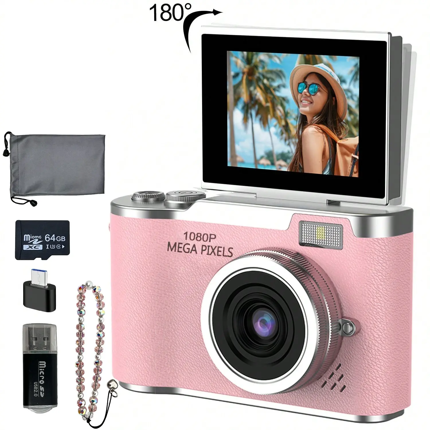 Foldable 180° Screen Student Camera, Retro Ccd Card Camera, Entry-Level Digital Camera, 1080P HD, Game & Filter Functions, Mini Size, Hybrid Viewfinder, Compact, Beginner Digital Camera