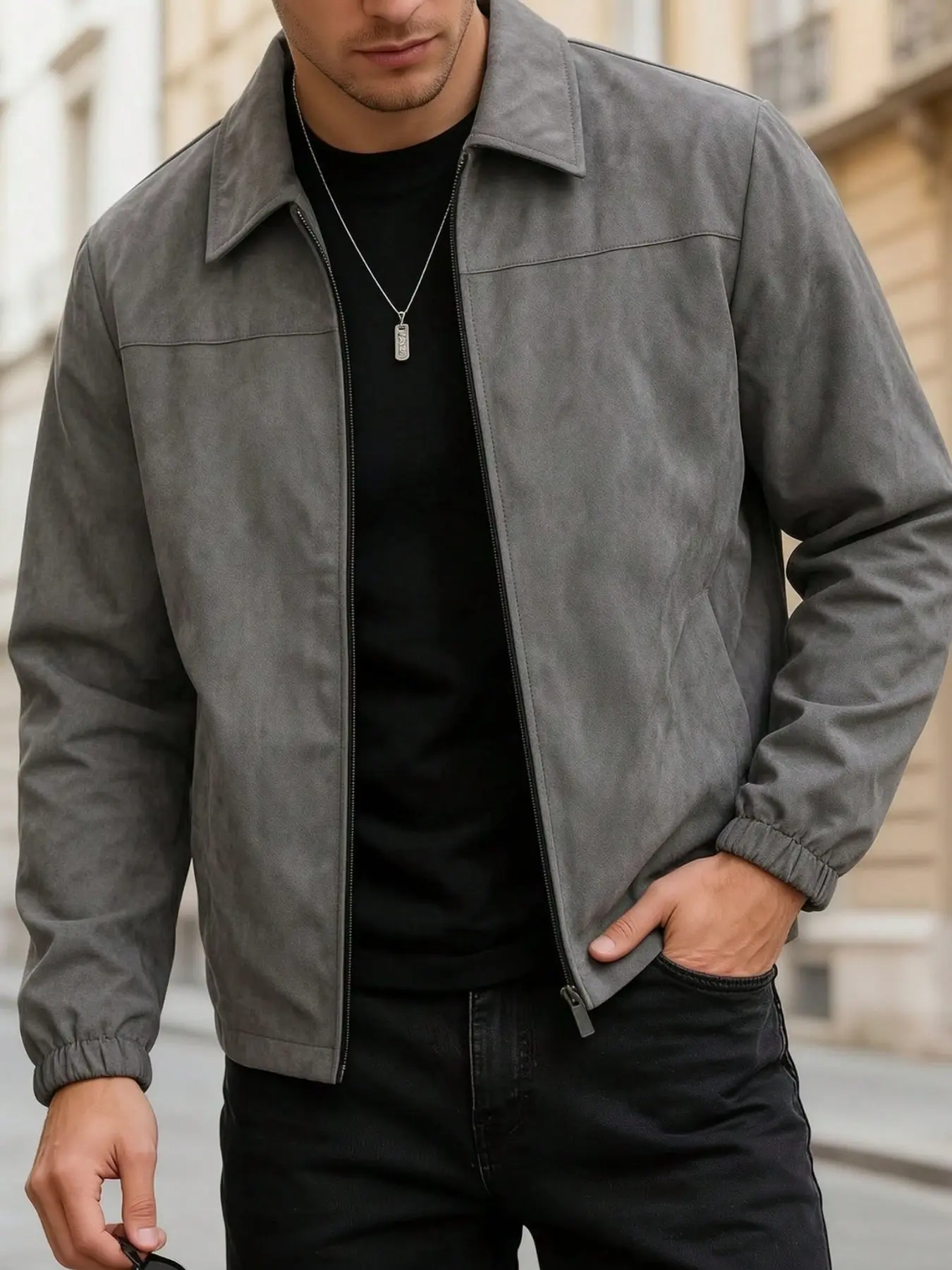 Men's Faux Suede Texture Notch Lapel Jacket, Full Zip Lightweight Harrington Coat, Slim Fit Casual Streetwear, Fall Daily Wear Top