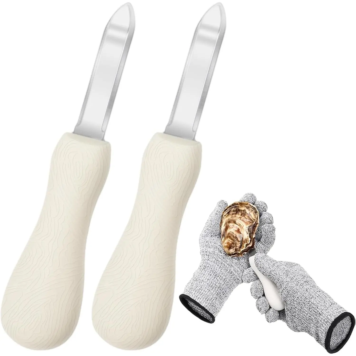 Oyster Shucking Knife, 2 Pack Oyster Knife Shucker Set with Professional Grade Cut Resistant Gloves, Stainless Steel Seafood Opener Tools