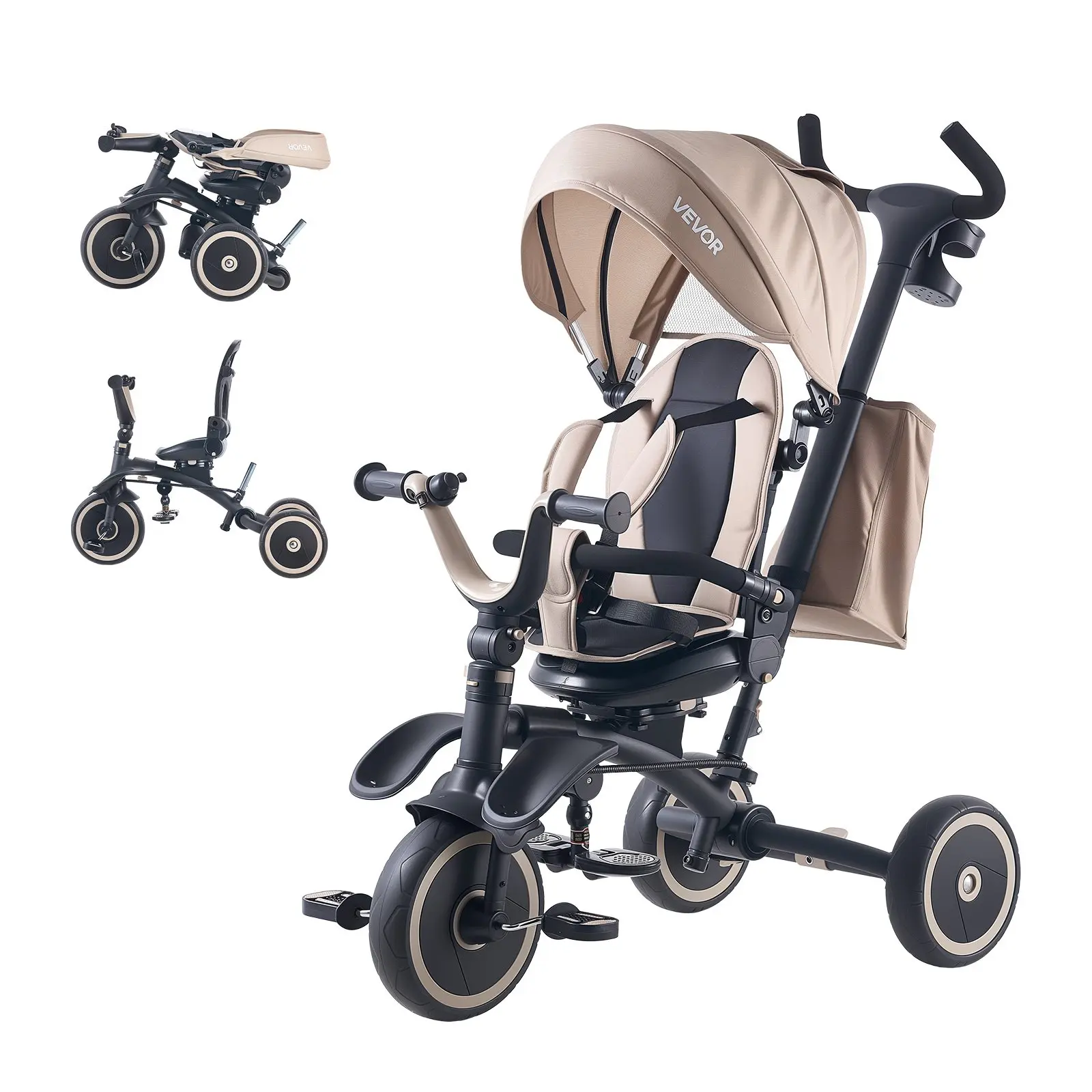 VEVOR 7-in-1 Carbon Steel Toddler Trike-Stroller, CE Certified Multi-Mode for 18 Months-5 Years Old, with Parent Push Handle, Canopy, Rotating Seat, Storage, Birthday Gift for Kids