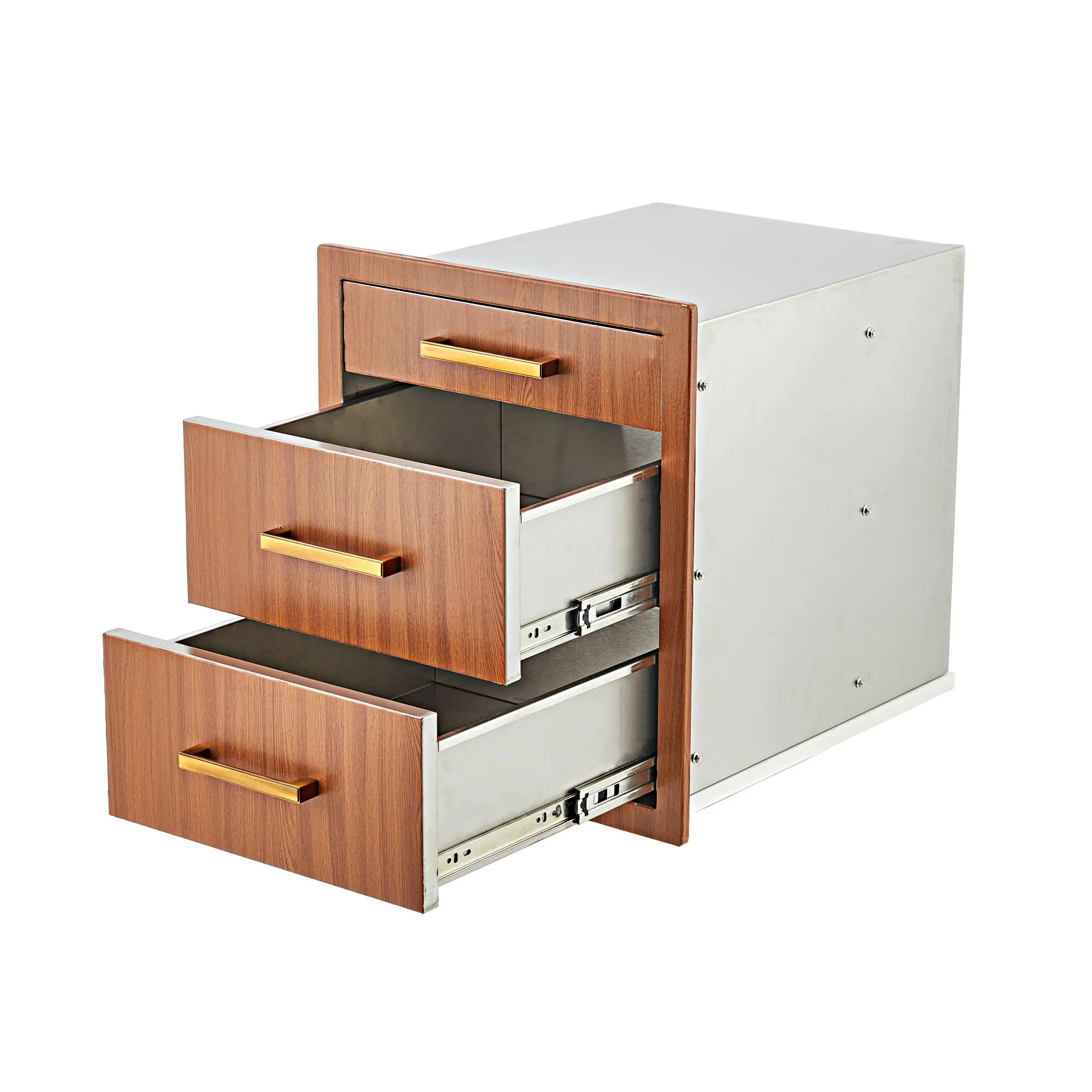Stainless Steel Outdoor Kitchen Triple Drawer Cabinet - 17.7" Flush Mount BBQ Island Storage with Handles, Weatherproof for Patio Grill, Stainless Steel Cookware Compatible