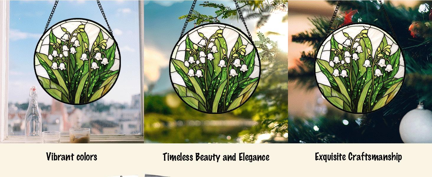 Stained Glass Window Hanging, Lily of the Valley Flower Sun Catchers Colorful Glass Panel Green Plants Suncatcher Decor for Birthday for Women,Men,Wife, Lovers, and Mom 6.3 in