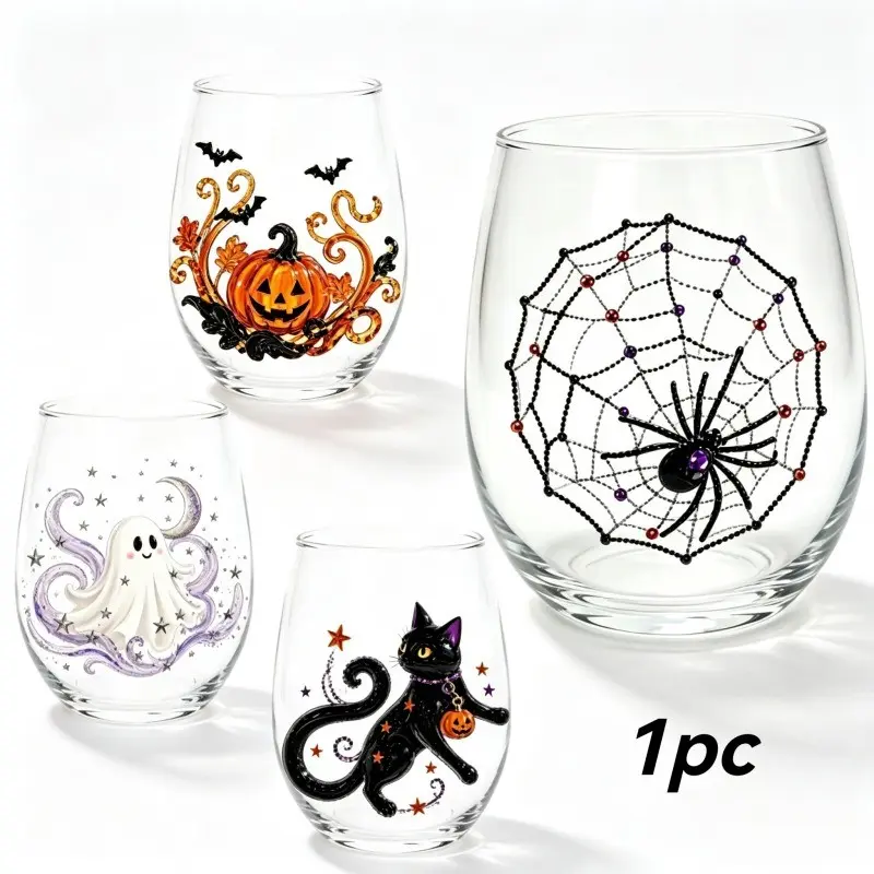 1Pc Halloween Stemless Wine Glasses Tumbler Cup Kawaii Cute Spooky Gothic Aesthetic Ghost Black Cat Pumpkin Spider Web Print Durable Clear Glassware Home Bar Kitchen Party Hosting Gift Drinkware