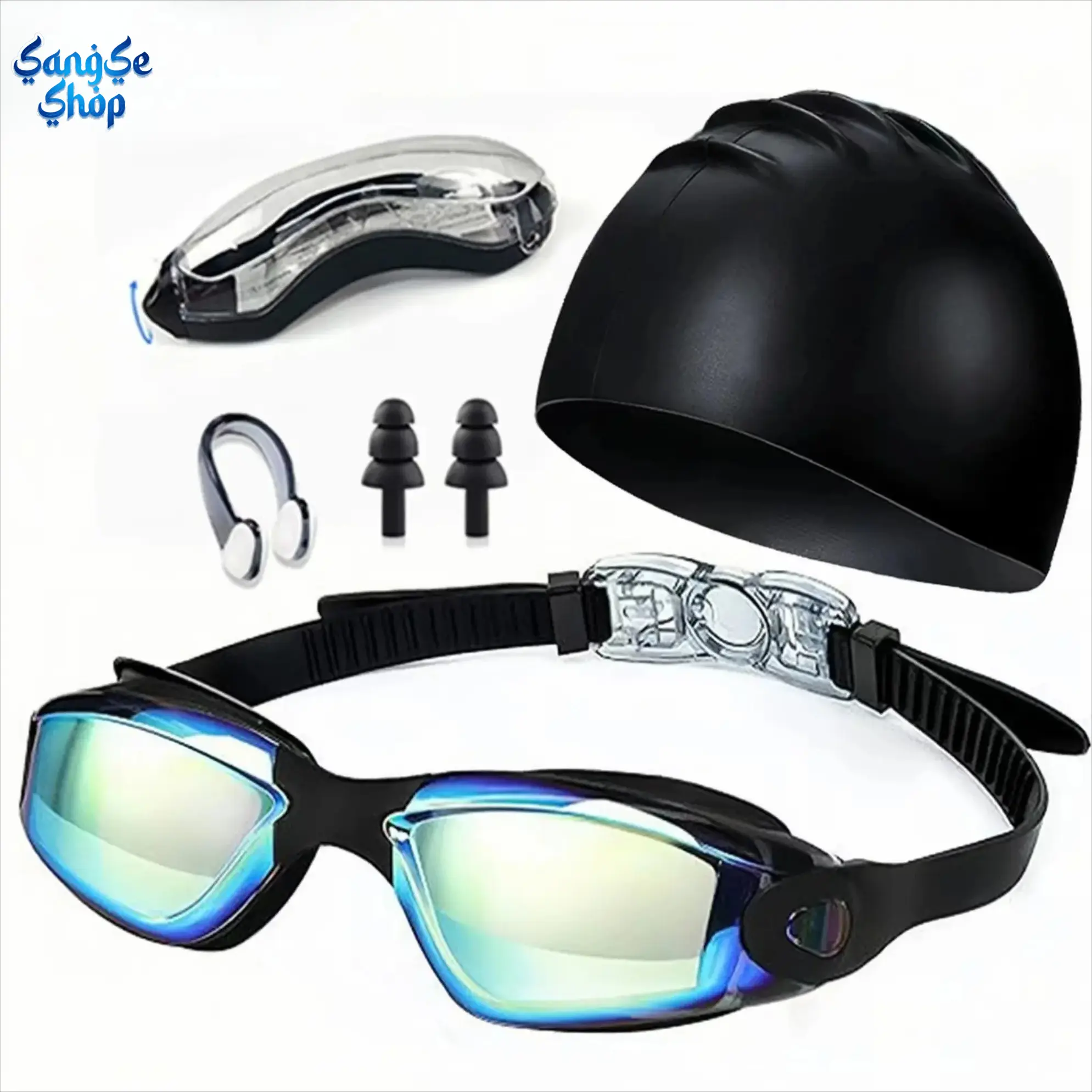Adults Swim Goggles & Cap Set, Mirrored Anti-Fog Clear Lens Swimming Glasses with Nose Clip Ear Plugs, Waterproof Comfort Water Sports Accessories for Men Women Pool Beach Summer