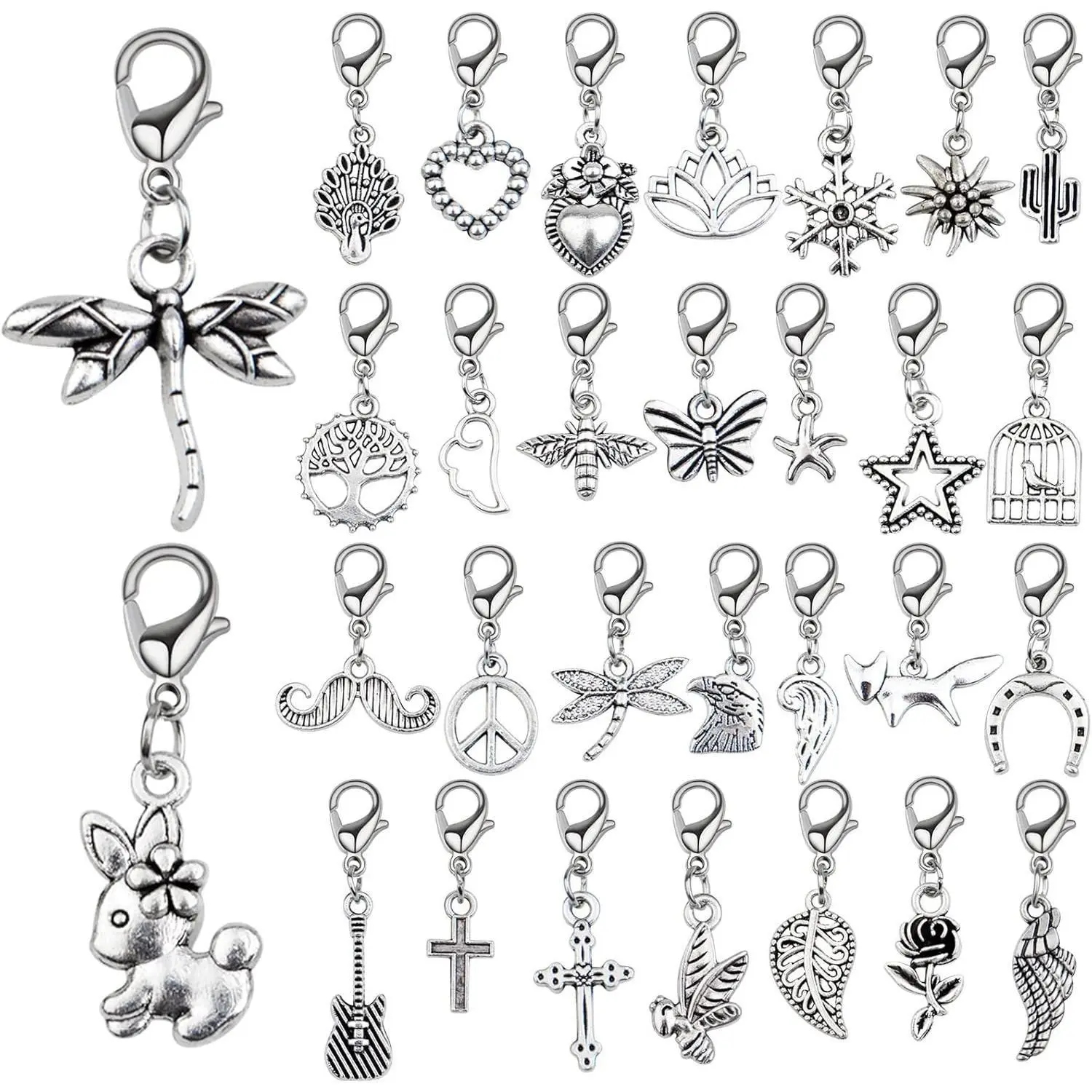 30pcs Clip on Charm Pendants Vintage Mixed Animal Flower Heart Bead Charms with Lobster Clasp Jewelry Accessories for DIY Earrings Necklace Crafts Decor