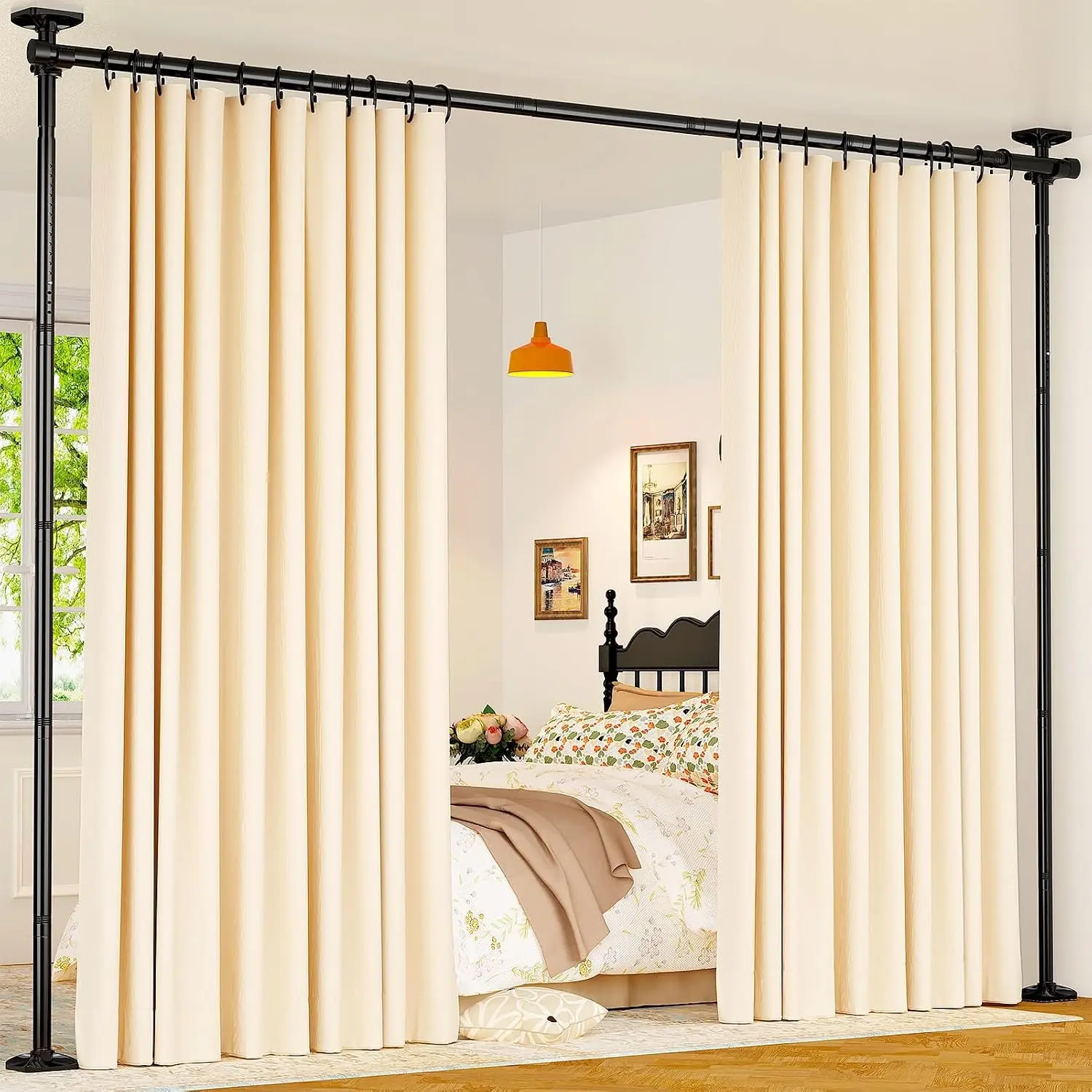 Room Divider for Room Separation, 4-10ft(H) 28-70inch(W), Black | Tension Curtain Rods No Drilling, Adjustable Temporary Privacy Wall Divider,Heavy Duty Freestanding Space Partition Separator