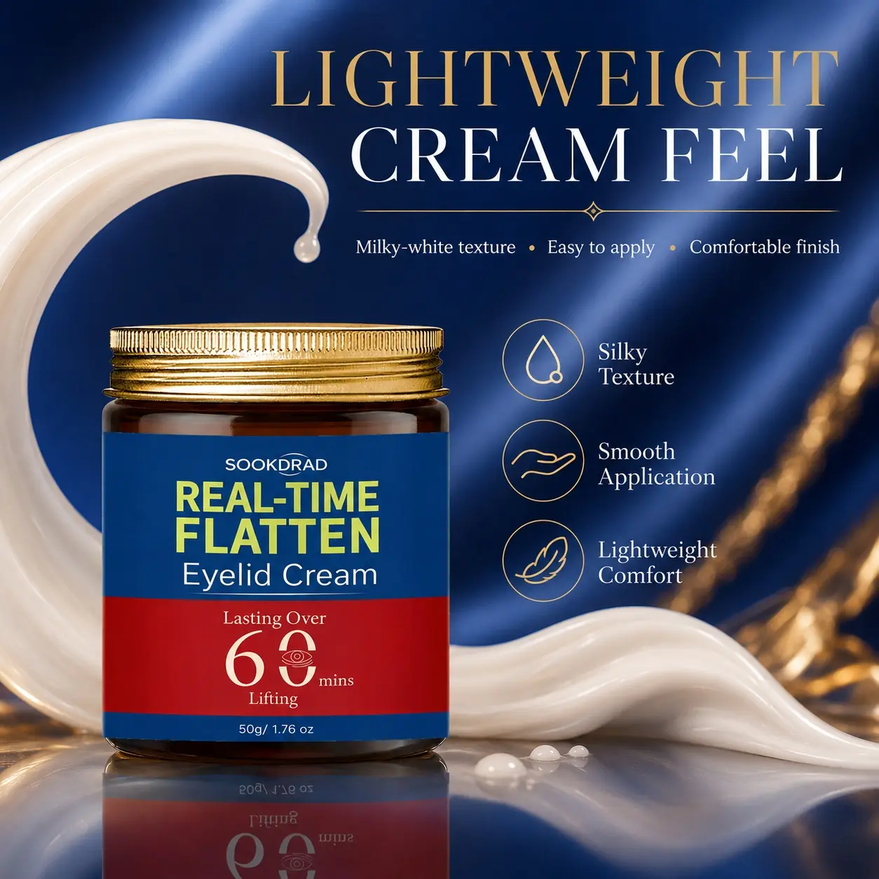 Eyelid Cream, real-time flatten, lasting over 60 minutes lifting, eyelid care, 50g/1.76oz