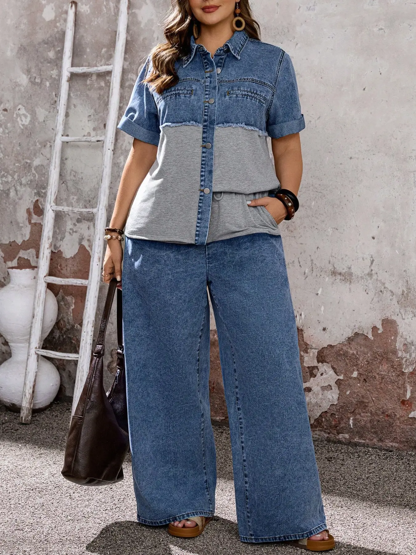 Women's Denim Set, Loose Baggy Casual Everyday Vintage Style, Comfortable Fabric, No Restriction, Perfect for Plus Size, Denim and Knit Combo, Streetwear Set