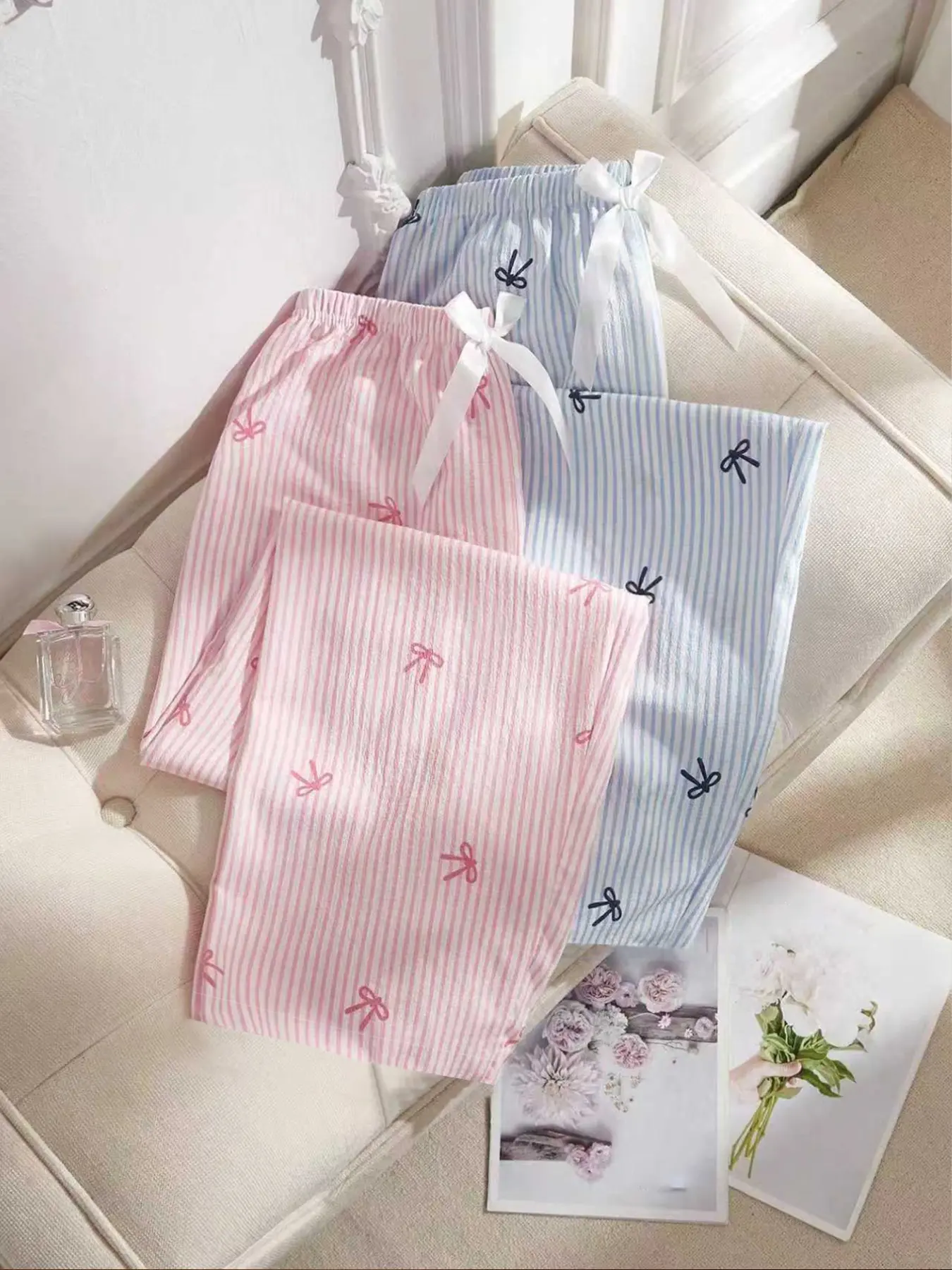 2-Pack Women's Comfortable Casual Striped Pants with Bow, Fitted Plain Design, All-Season Home Wear Bottoms, Home Lounge Pants, Stylish and Cozy