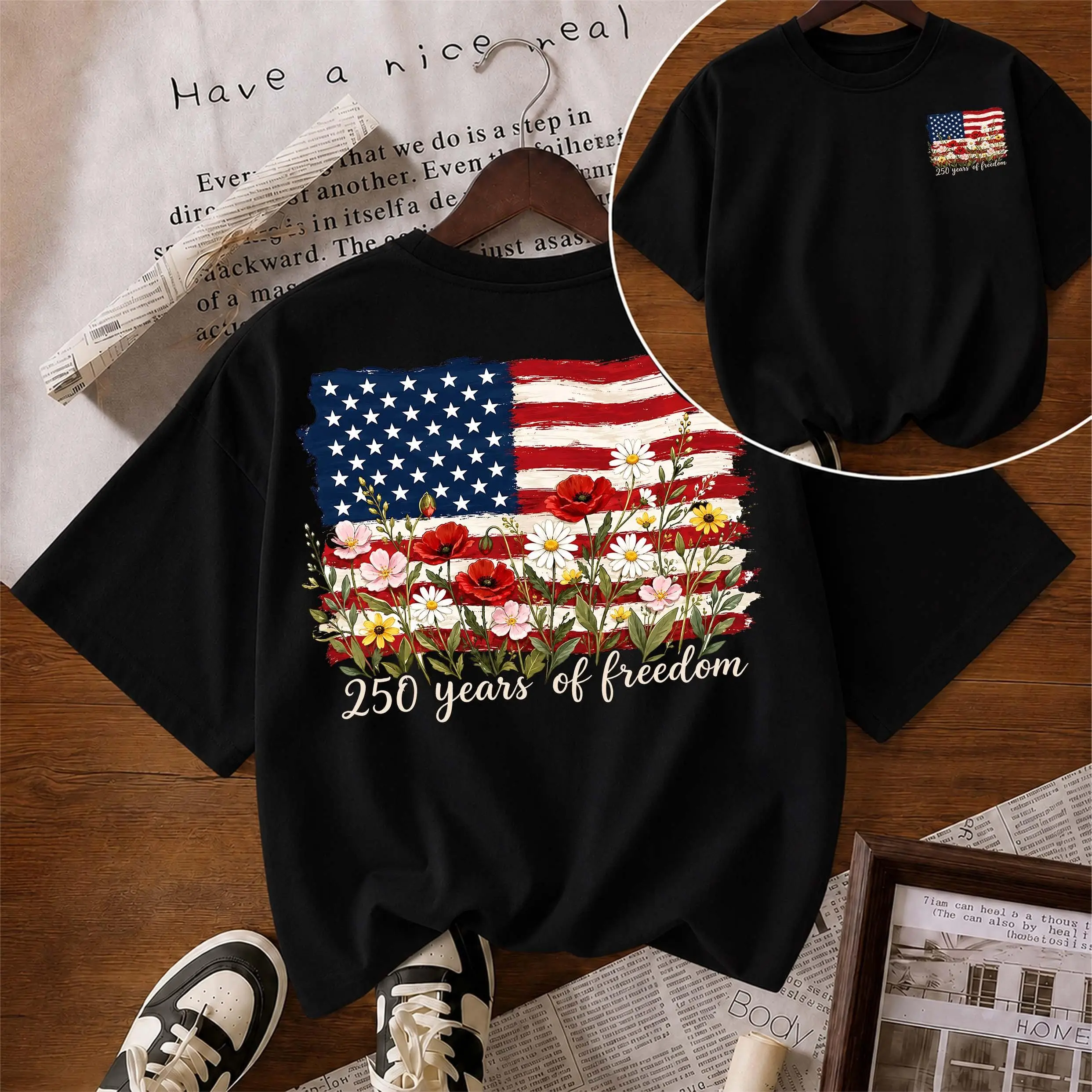 Women's Pure Cotton Short-Sleeve T-Shirt ("U.S.A 250th Anniversary") — A Unisex Casual Staple, Particularly Ideal For Spring And Summer Wear. Featuring A Cool Graphic Design And A Classic Crew-Neck Cut, It Is Suitable For All Four Seasons.