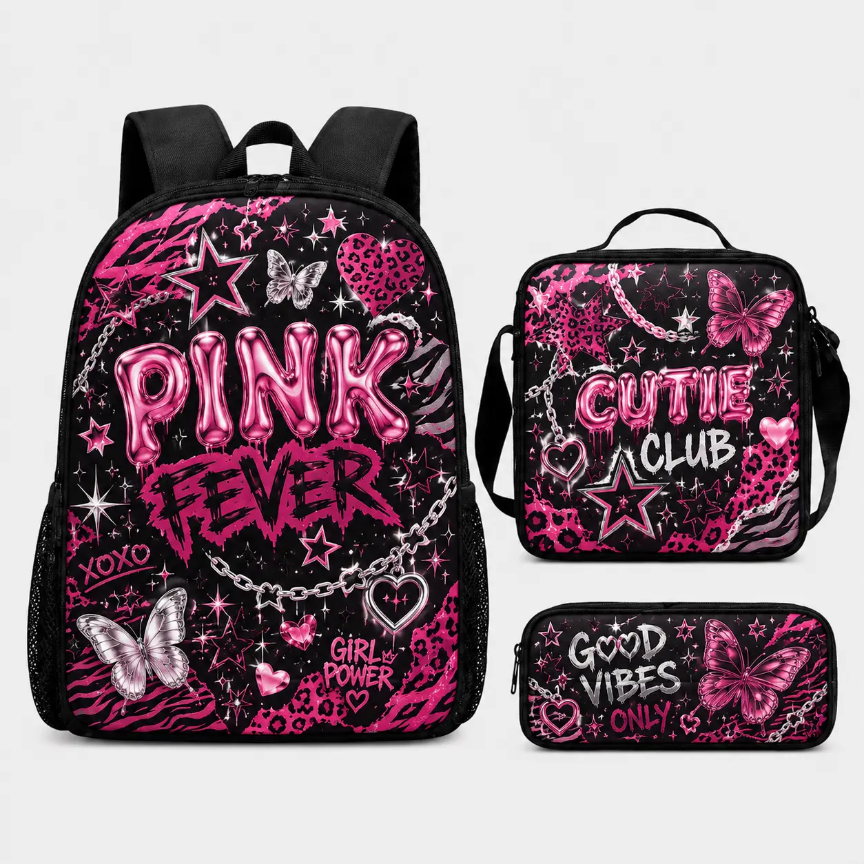 Coordinated 3‑Piece Girls School Kit, Eye‑Catching Front‑Panel Print with Butterflies, Hearts and Slogans, Durable Polyester Material Daily‑Use Backpack Set for School, Travel and Outdoor Activities.