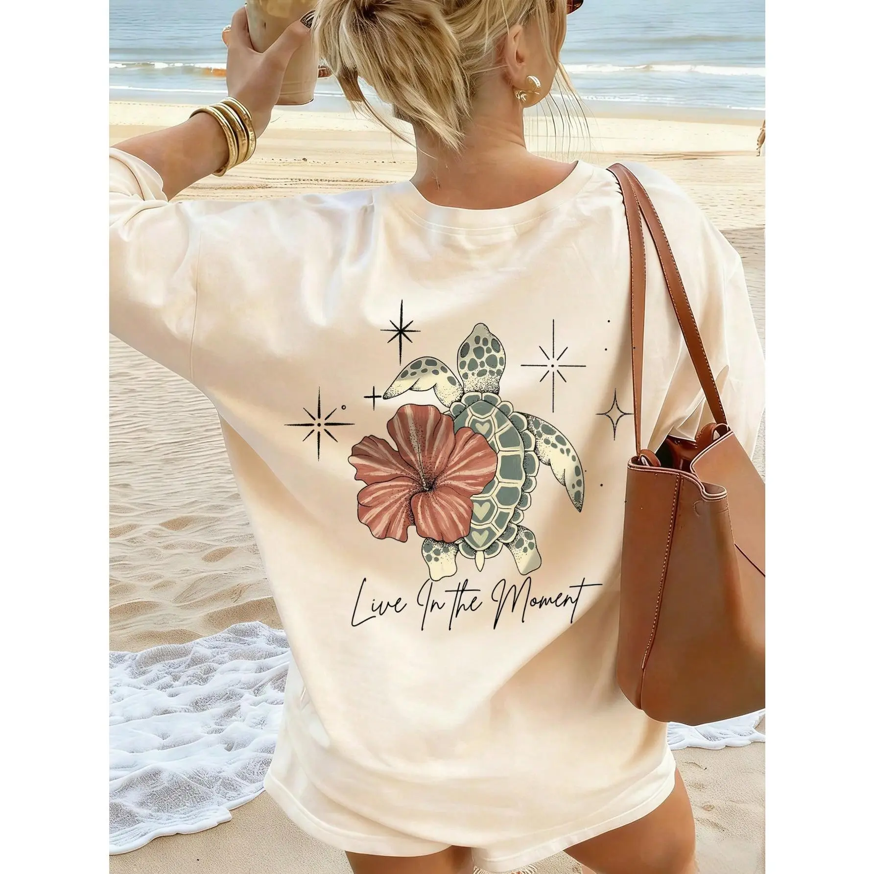 Women's Summer Turtle, Floral & Letter Print Casual Loose Round Neck Beach Vacation T-Shirt White