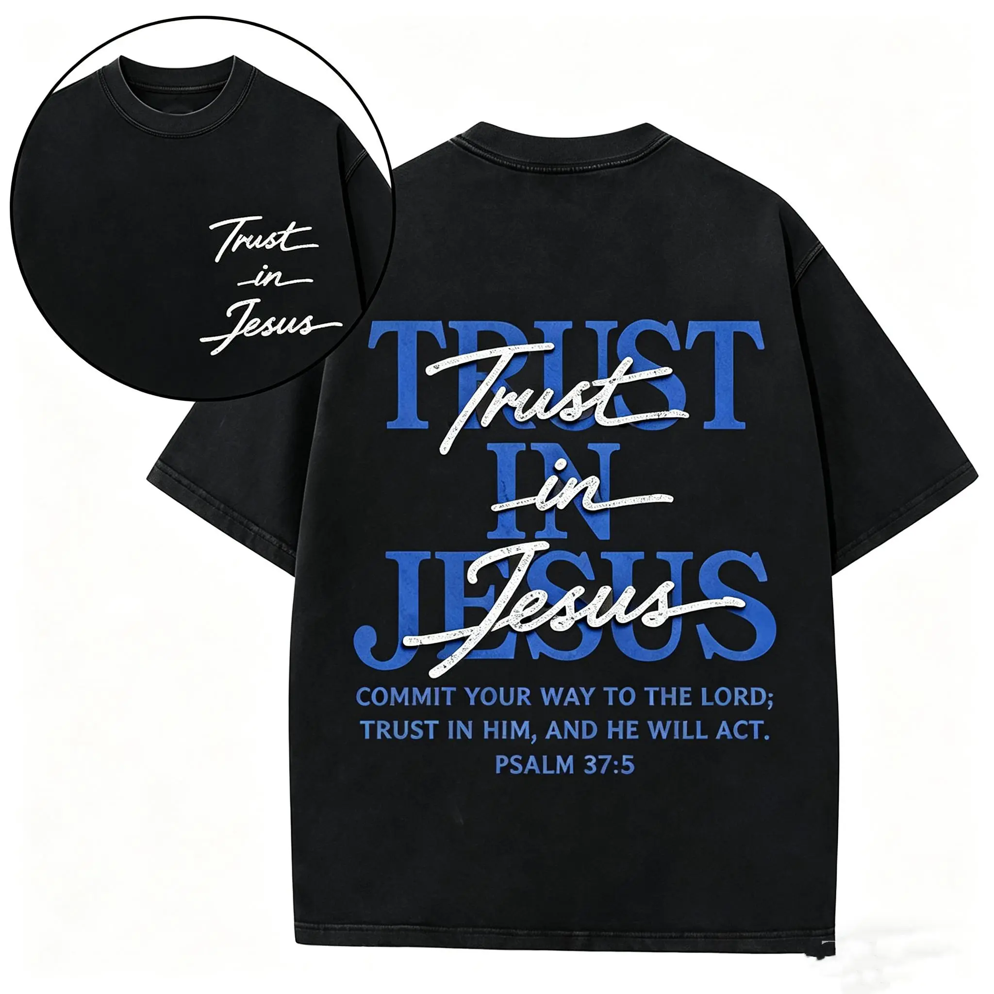 Men's Psalm 37:5 Christian Trust In Jesus Cotton T-Shirt, Short-Sleeve Smooth Soft Vintage Washed Brown Oversized Round Neck Casual Top, Tshirt, Shortsleeve, Seamless, Fabric, Solid, Menswear, Graphics, Text Print, Foldable, Clothes, All Seasons, Lightwei