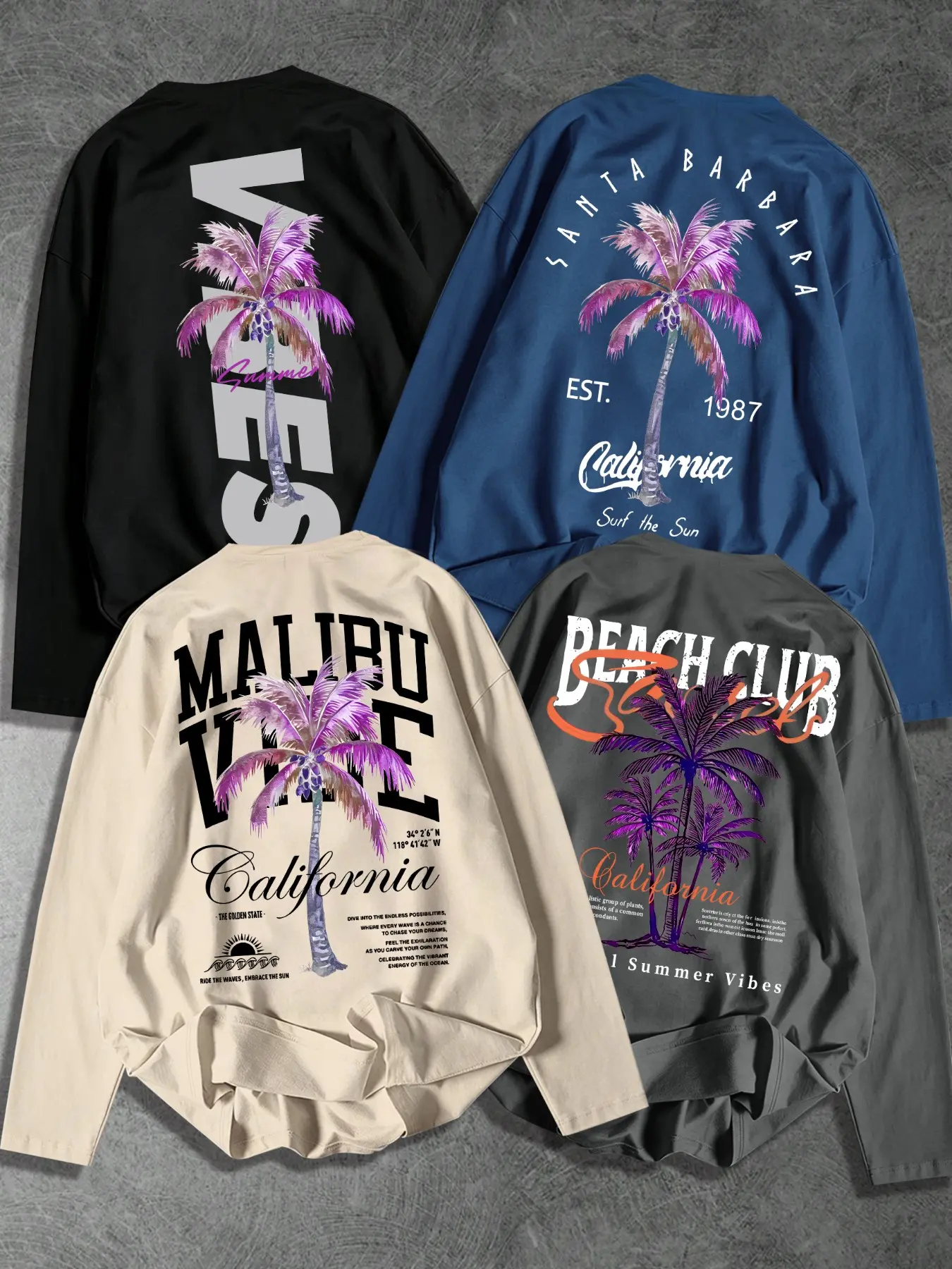 4 Pack Men Crew Neck Long Sleeve Tees California Coastal Palm Tree Retro Typography Back Graphic Print Loose Fit Vintage Surf Beach Streetwear Tops For Vacation Daily Casual Autumn Outfits#CaliforniaCoastalLongSleeve #PalmTreeVintagePrintTees