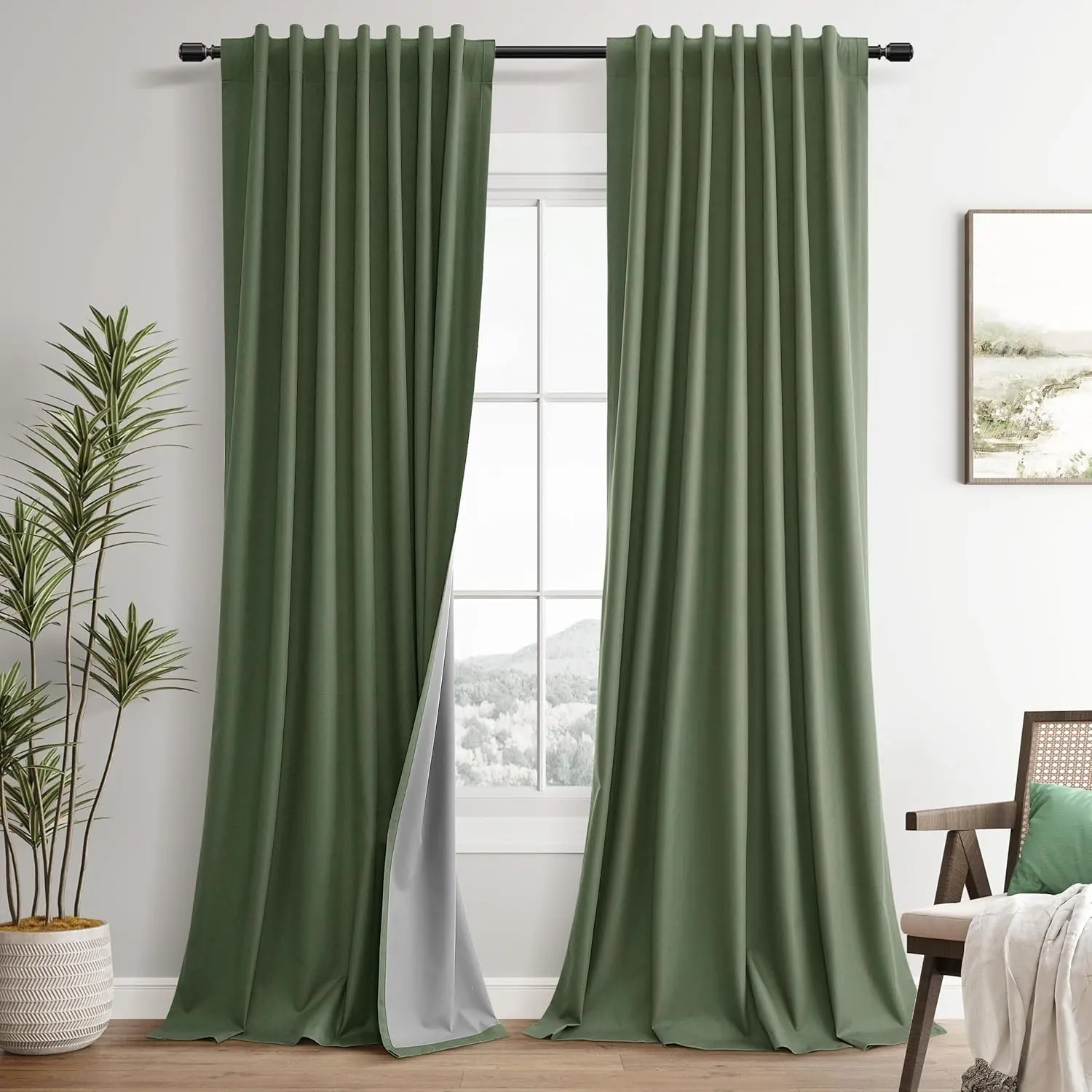 Blackout Curtains, 2-Panel 52x84in Long Pleated Linen Blend Set - 100% Light Blocking, Thermal Insulated Olive Green Drapes for Bedroom, Living Room (7ft Gift), Curtains For Bedroom, Rustic