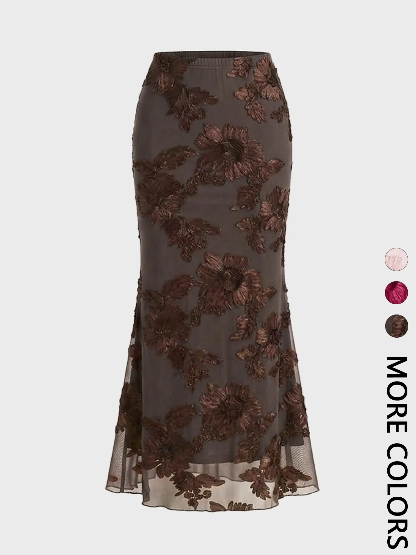1 Piece Women's Floral Embroidered Mesh Midi Stretch Floral Embroidery Skirt High Waist Bodycon Mermaid Hem Party Skirt