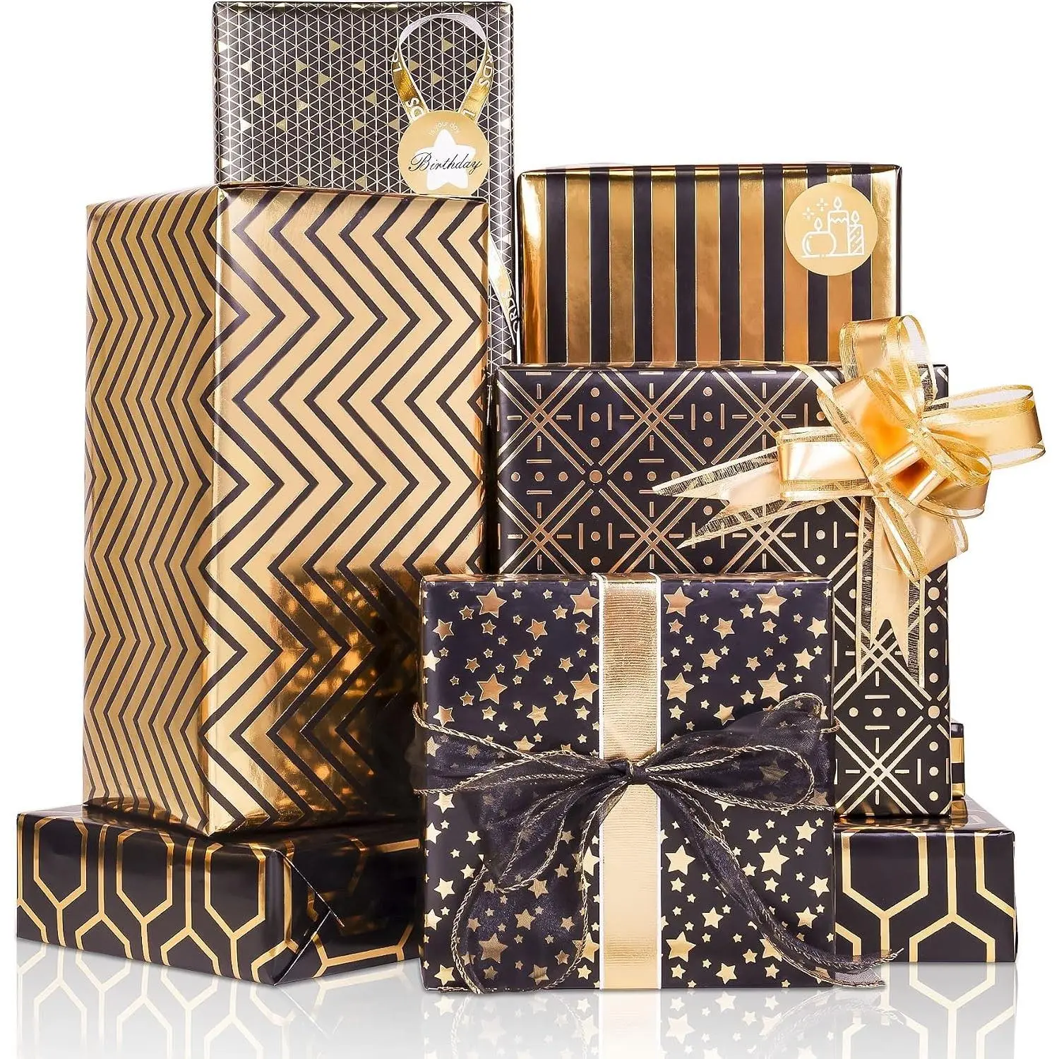 Gift Wrapping Paper Set, 6 Sheets Metallic Black Gold Foil Wrapping Paper w/Gift Bow & Sticker, Shiny Luxury Men Boys Gift Wraps for Birthday, Holiday, Graduation, Baby Shower, 27.5x19.6in