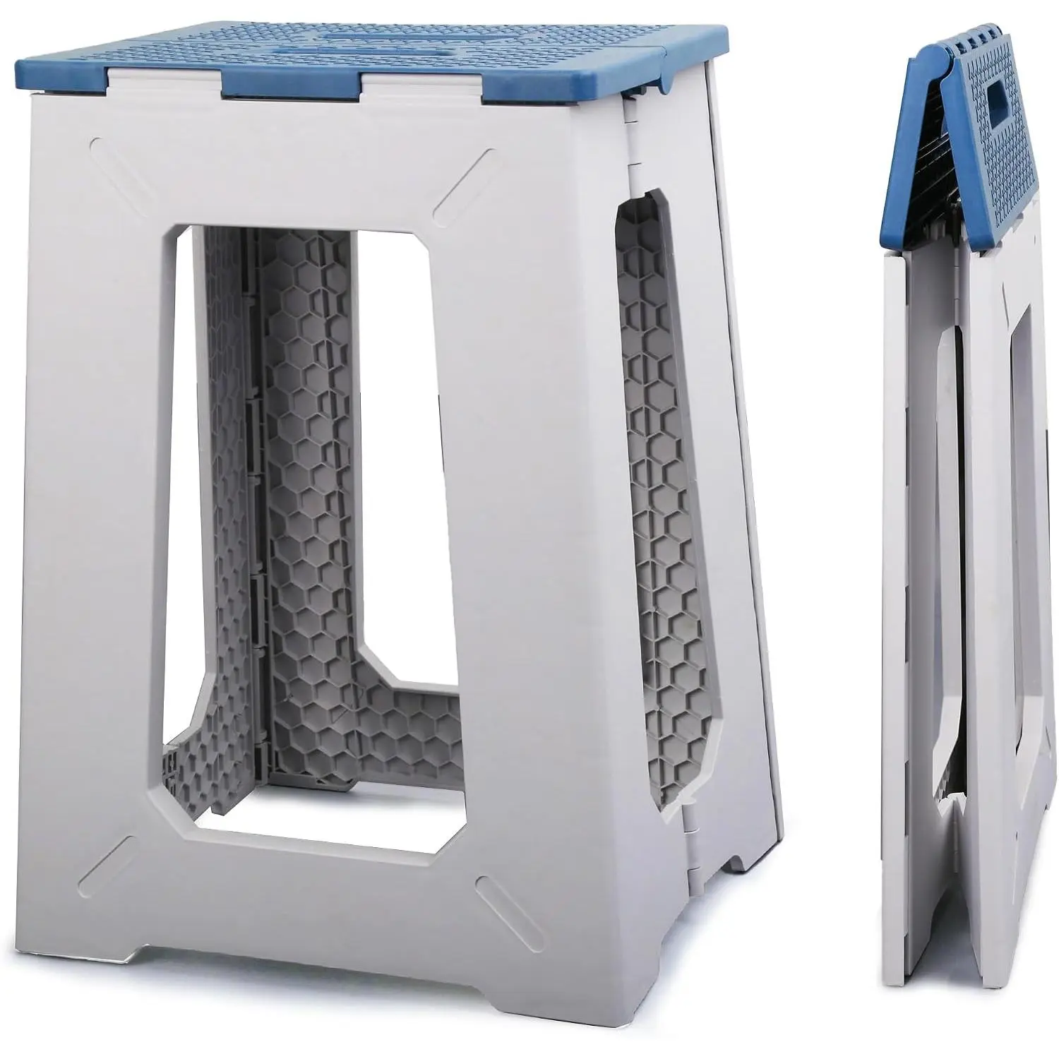 Foldable Small Waterproof Plastic Corner Stool - Single Seat Bathroom Non-Slip Shower/Bathtub Stool for Elderly, Blue-White, 17.7" Tall, 330 lbs Weight Capacity