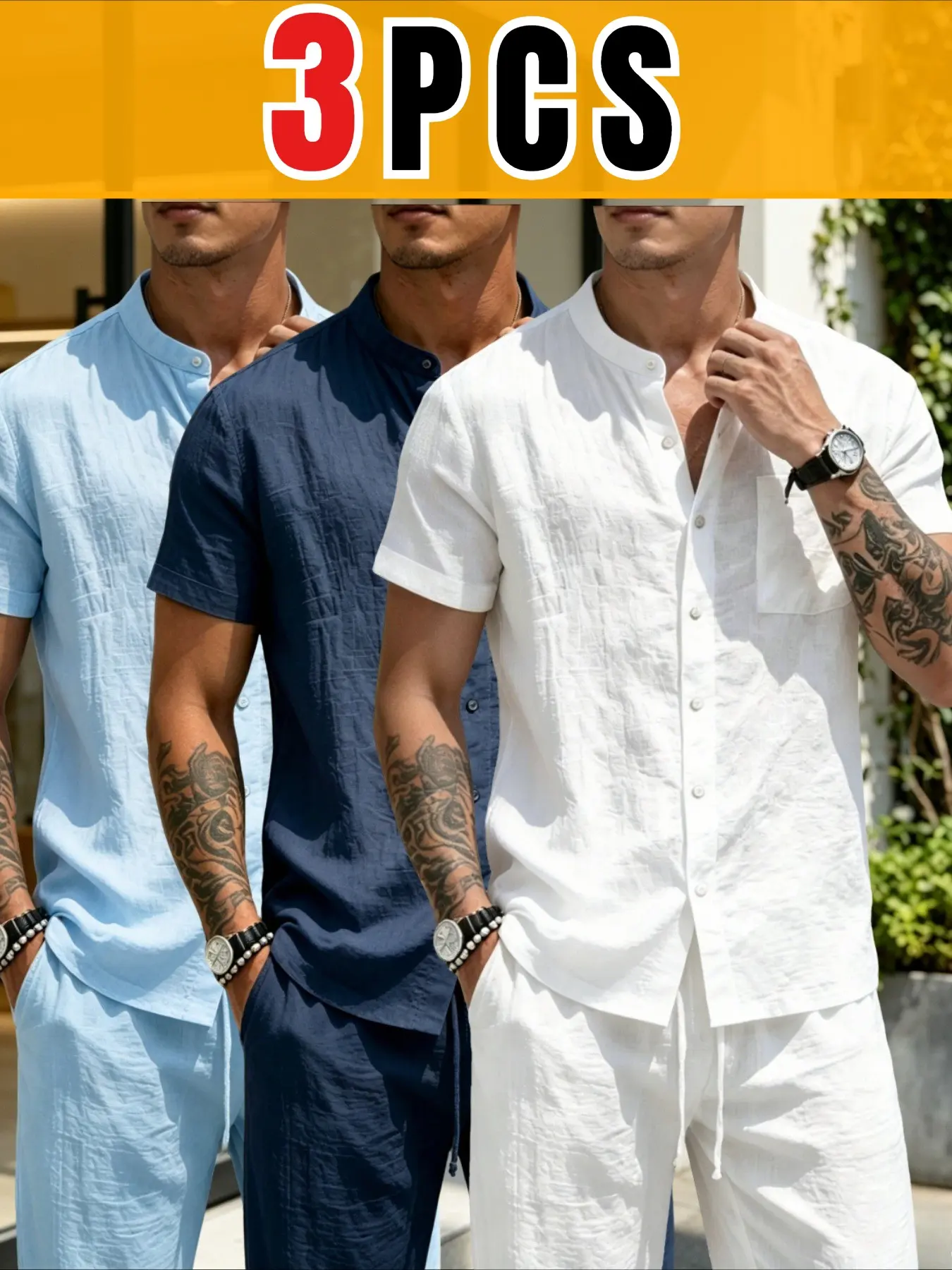 Men's Summer Linen Short Sleeve Shirt, Solid Color Stand Collar Top, Loose Fit Casual T-Shirt, Daily Beach Vacation Wear, Everyday Casual Wear, 3pcs Set