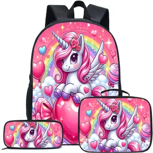 Large size unicorn three-piece backpack, girls' large schoolbag, children's backpack, elementary school schoolbag, the perfect gift for school season.