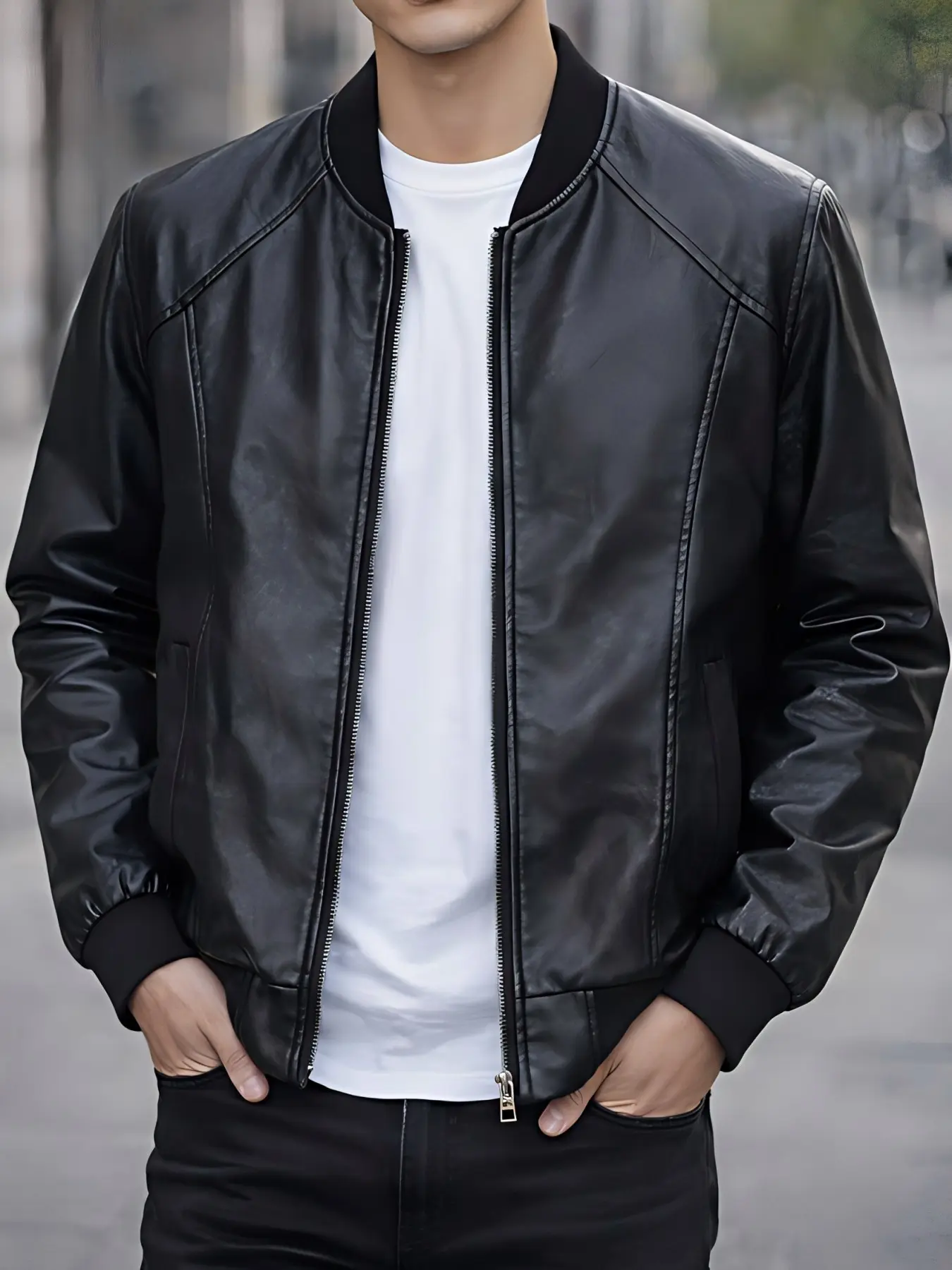 Men's Classic Baseball Collar Leather Jacket, Slim Fit Windproof Motorcycle Style, Business Casual Daily Wear, Spring Fall Vintage Leisure