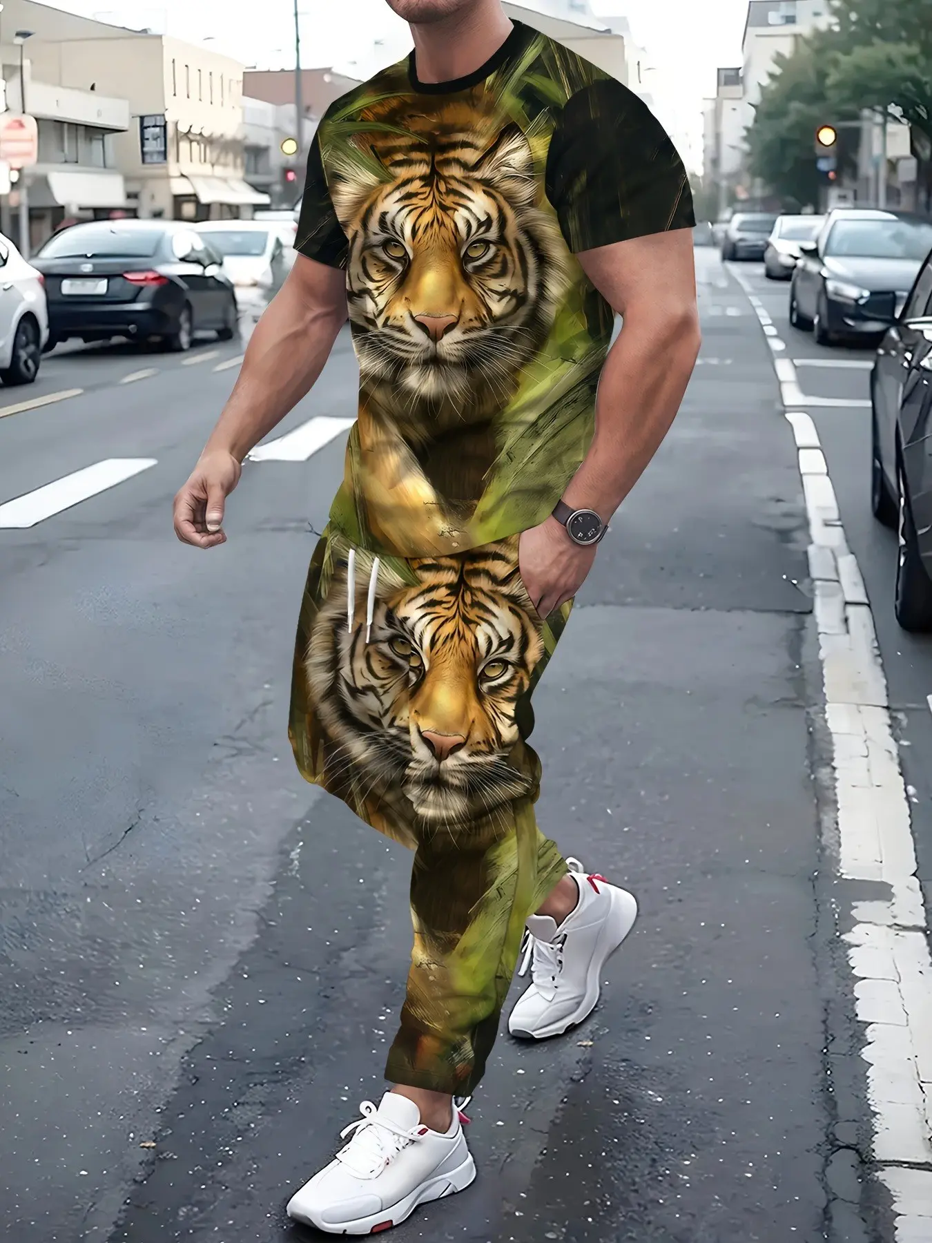 Loose short sleeved pants set for men, jungle beast panoramic print two-piece set, versatile casual set for travel and commuting