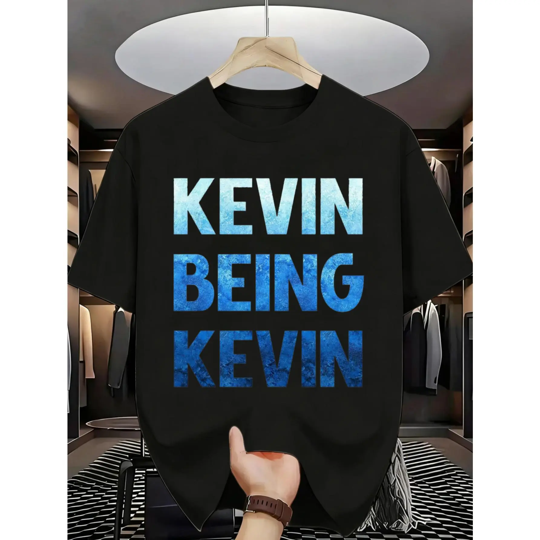 Men's Cotton Fabric Short-Sleeve T-Shirt, Casual Style Kevin Being Kevin Graphic Print Summer Top, Ideal Gift for Friends, Shortsleeve, Knit, Menswear, Round Neck, Stretch