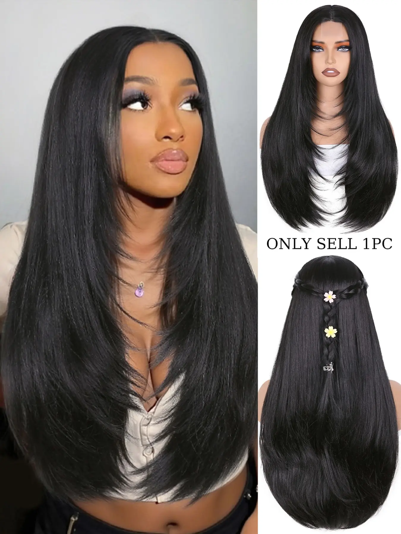 26 Inch Layered Straight Wig Long Straight Wig Middle Part Synthetic Hair Machine Made Wigs Replacement Wigs Yaki Straight Heat Resistant Fiber for Daily Party Use/Music