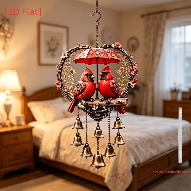 [2D Flat] A large red cardinal wind chime pendant with bell ornaments. Ideal for courtyard decoration, this durable iron hanging decor is a craft artwork, holiday ornament and decorative art piece with pastoral style, suitable for all kinds of commemorati