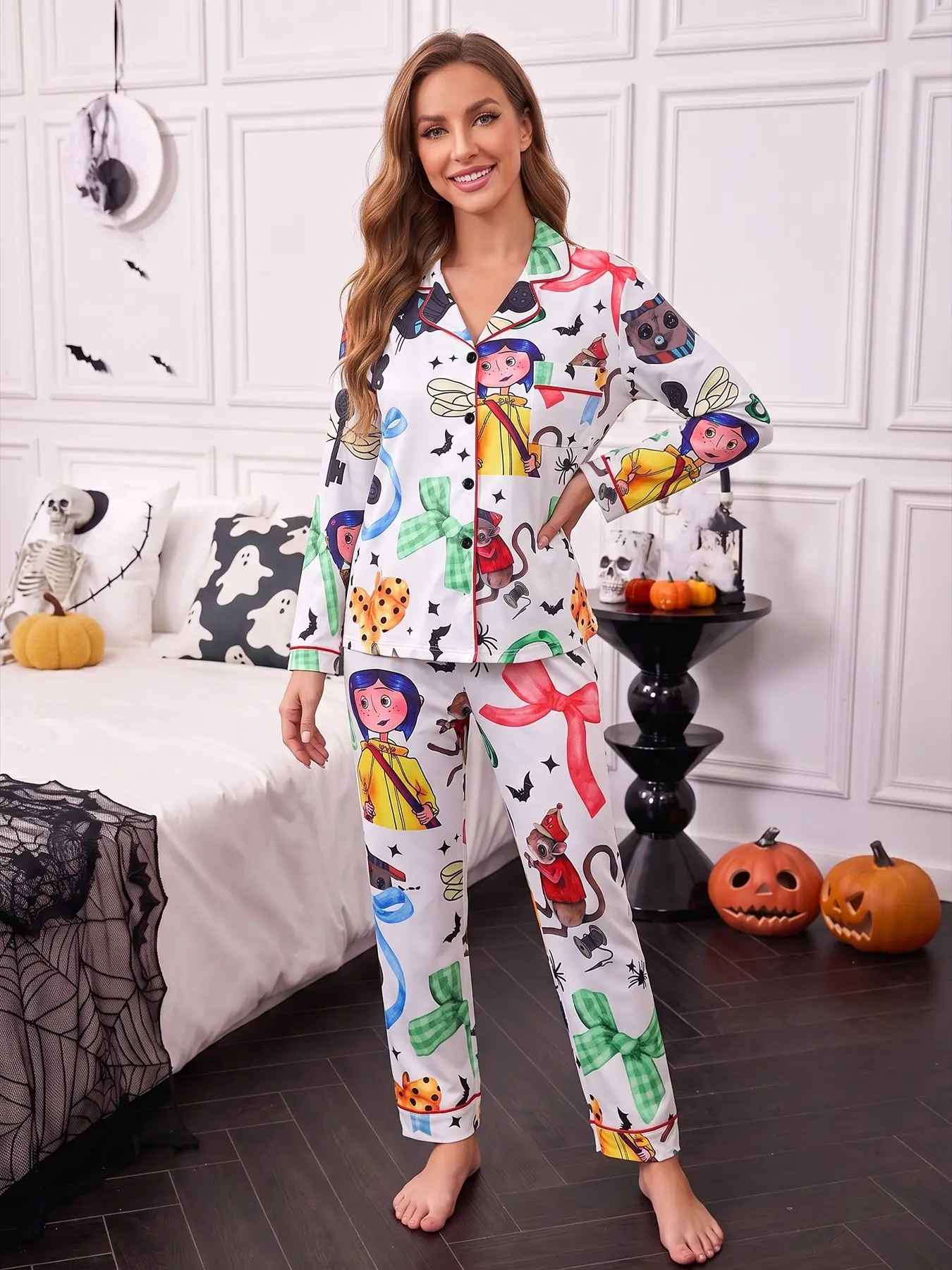 Women's 2-piece pajama set, Long sleeve pyjamas, white base printed with Coraline cartoon girl, black cat, mouse, bows, & magic keys, anime style. Red piping lapel top with pocket, soft elastic long pants, all-season women loungewear