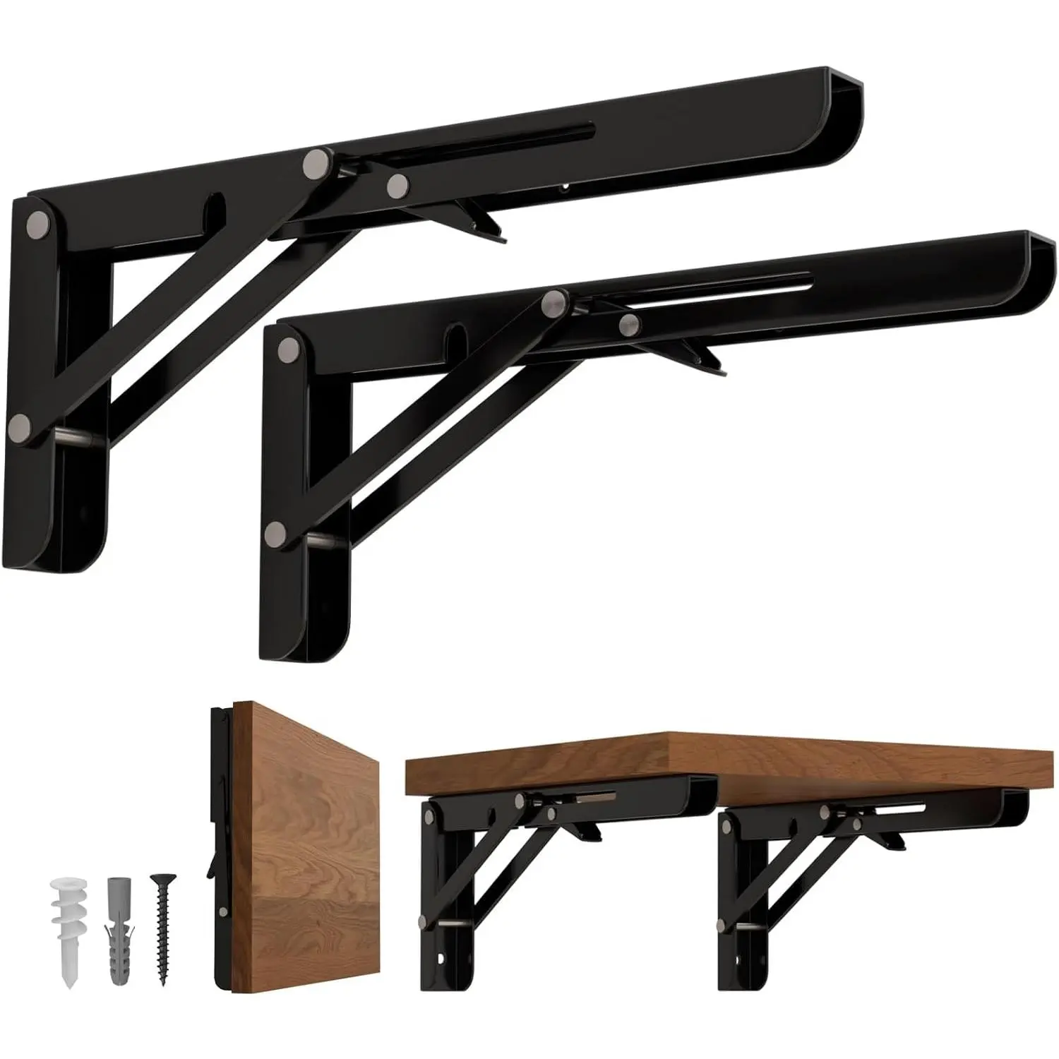 8 Inch Folding Shelf Brackets, 2 Pack Foldable Shelf Supports | Heavy Duty Triangle Wall Mounted Collapsible Brackets for Fold Down Table, Space Saving for Bench Table with Screws, Black