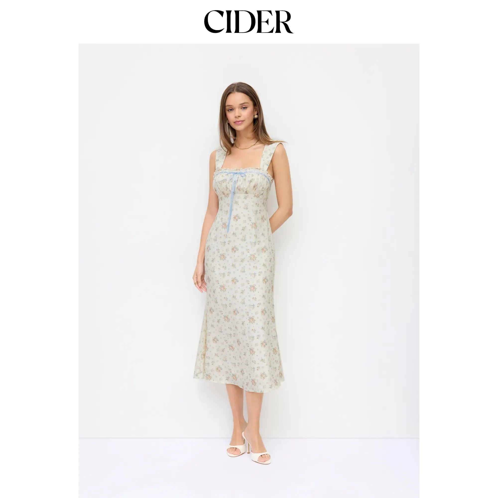 Cider Plisse Floral Square Neck Bowknot Lace Trim Mermaid Midi Dress