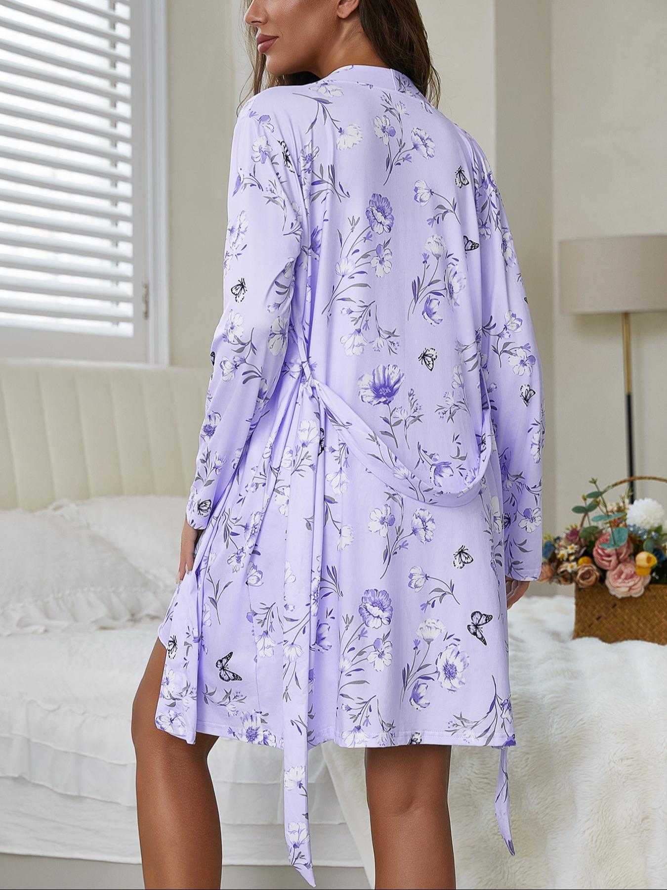 Women's Print Drawstring Robe and Camisole Nightdress Two-Piece Set, Casual Cute Women's Loungewear Set, Women's Suitable for All Seasons sleepwear dress home chic gown stylish womens soft Womenswear Long Sleeve summer