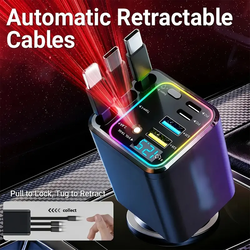 Ultimate Power Station for Phone, Pad & Laptop,Car Charger, Cell Phone Charger, Starry LED,Atmosphere Lamp,1-Click Galaxy Projector,Tangle-Free Retractable Cables & Super Fast Charge,PD20W,USB-A 65W,All 120W Max,Power Hub
