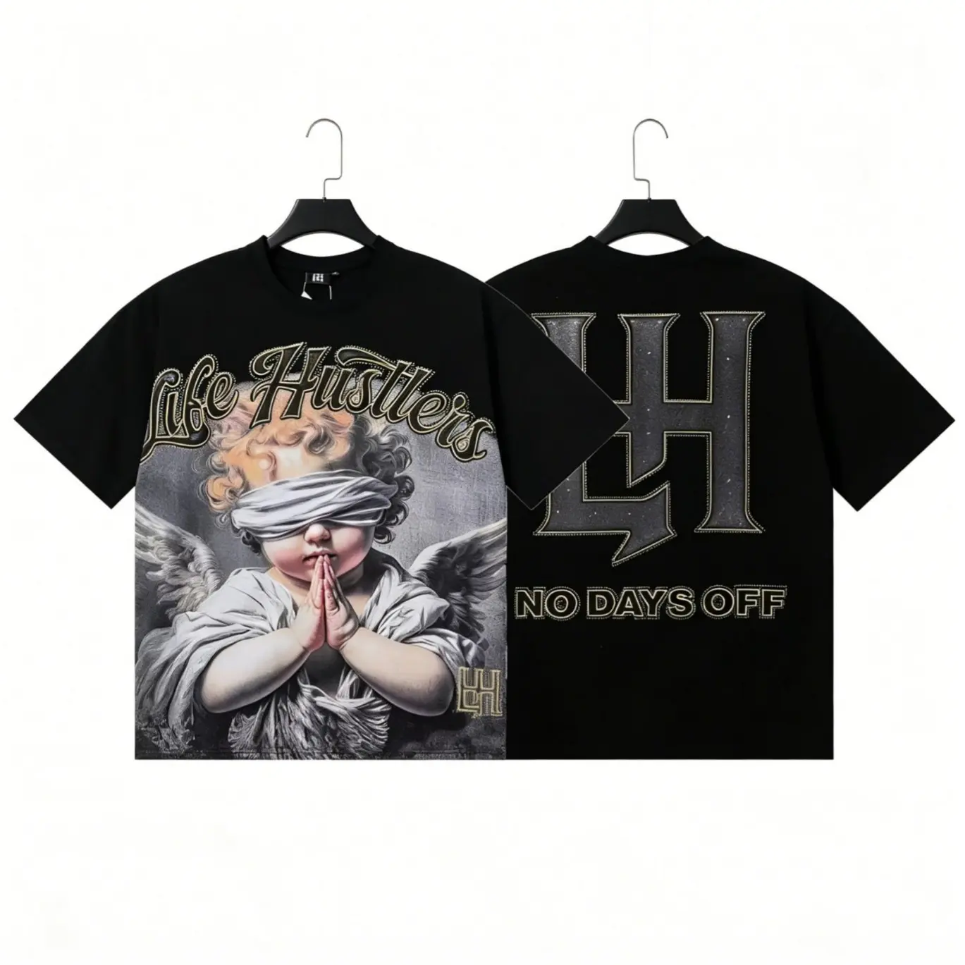 Mixed Emotion Distressed Diamond Angel Graphic T-Shirt Vintage Washed Oversized Heavyweight Cotton Rhinestone Gothic Grunge Y2K Streetwear Hip Hop Crewneck Summer Men Trendy Top tiktokshopbacktoschool