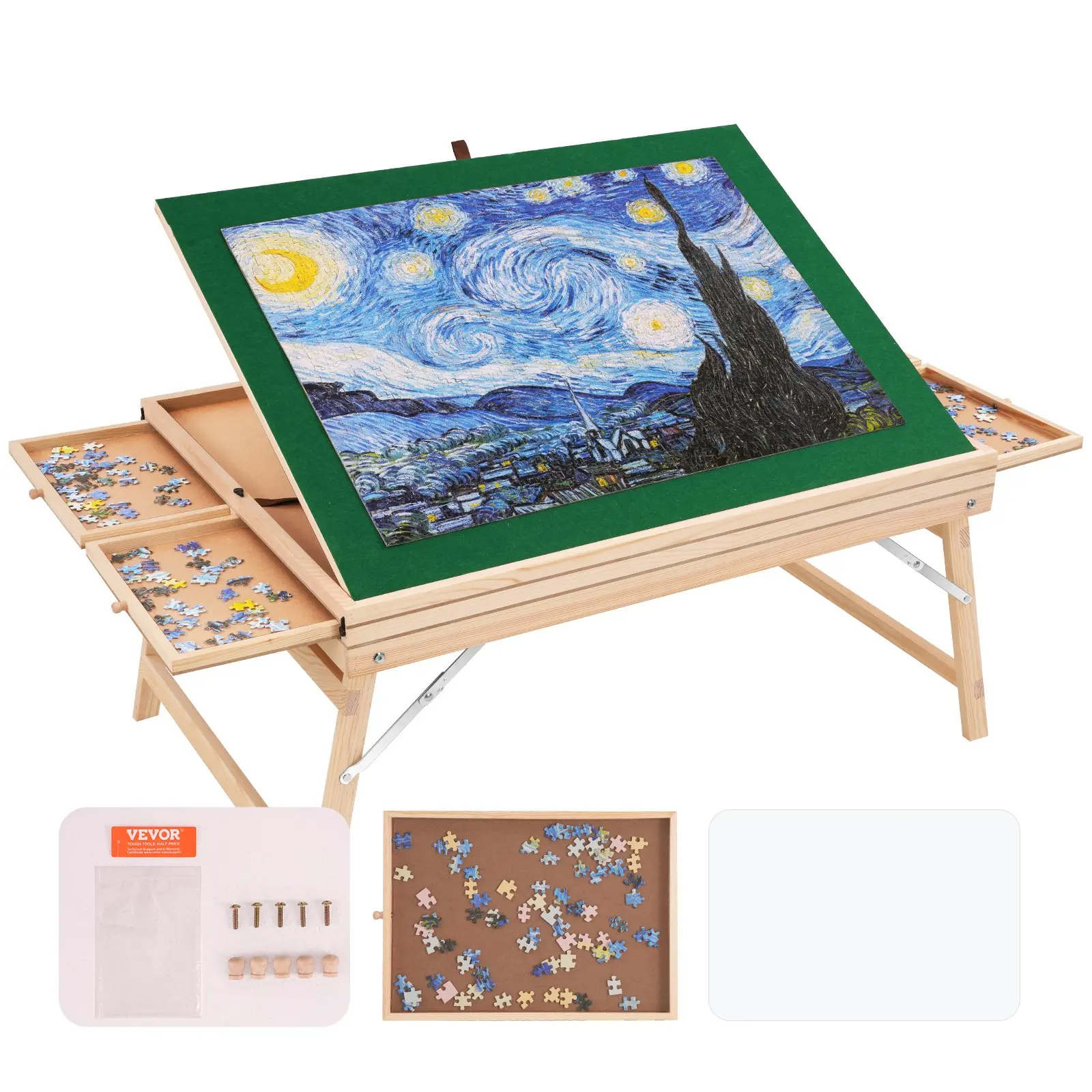 VEVOR 1500 Piece Puzzle Table with Folding Legs, 4 Drawers and Cover, 32.7" x 24.6" Wooden Jigsaw Puzzle Plateau, Adjustable 3-Tilting-Angle Puzzle Board, Puzzle Storage System for Adults, Gift for Mom